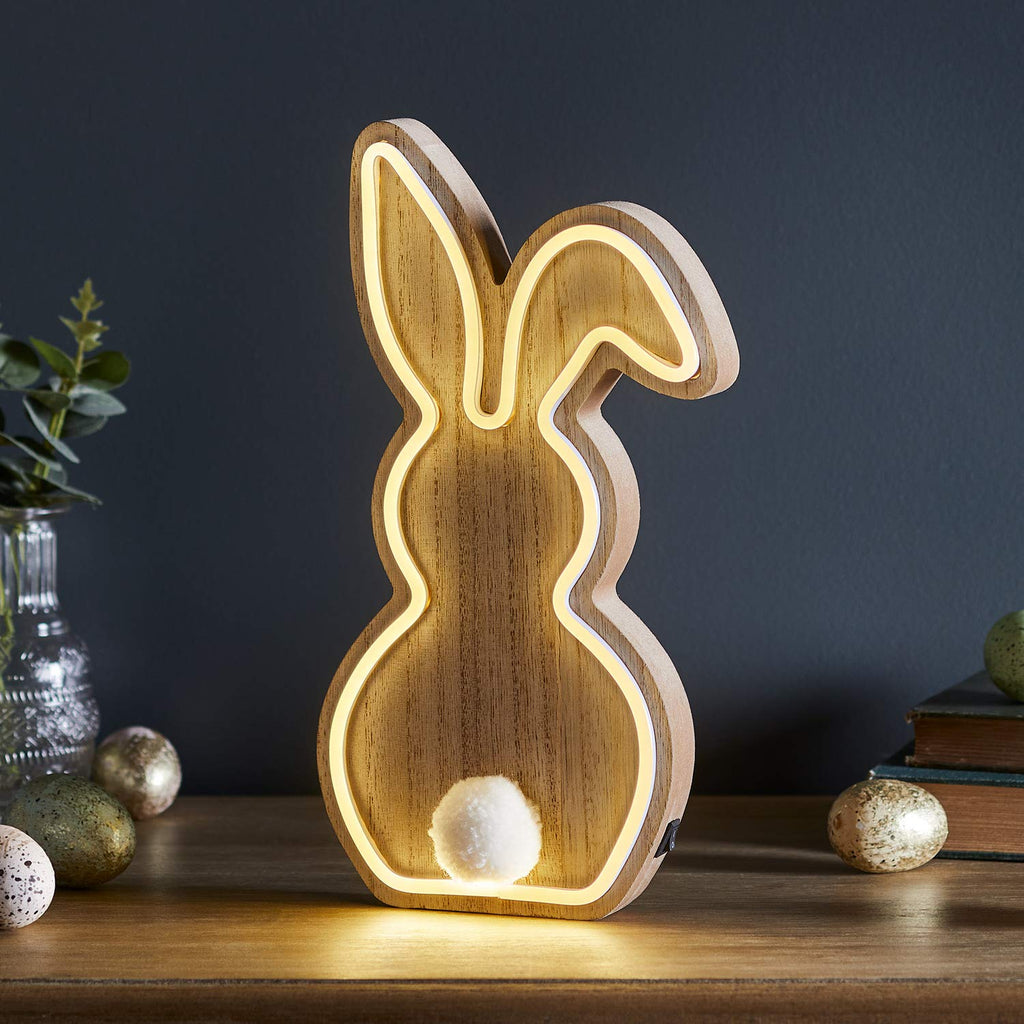 Lights4fun Neon Osterhase LED Dekolampe 30 cm – warme LED Osterdeko Fensterbeleuchtung