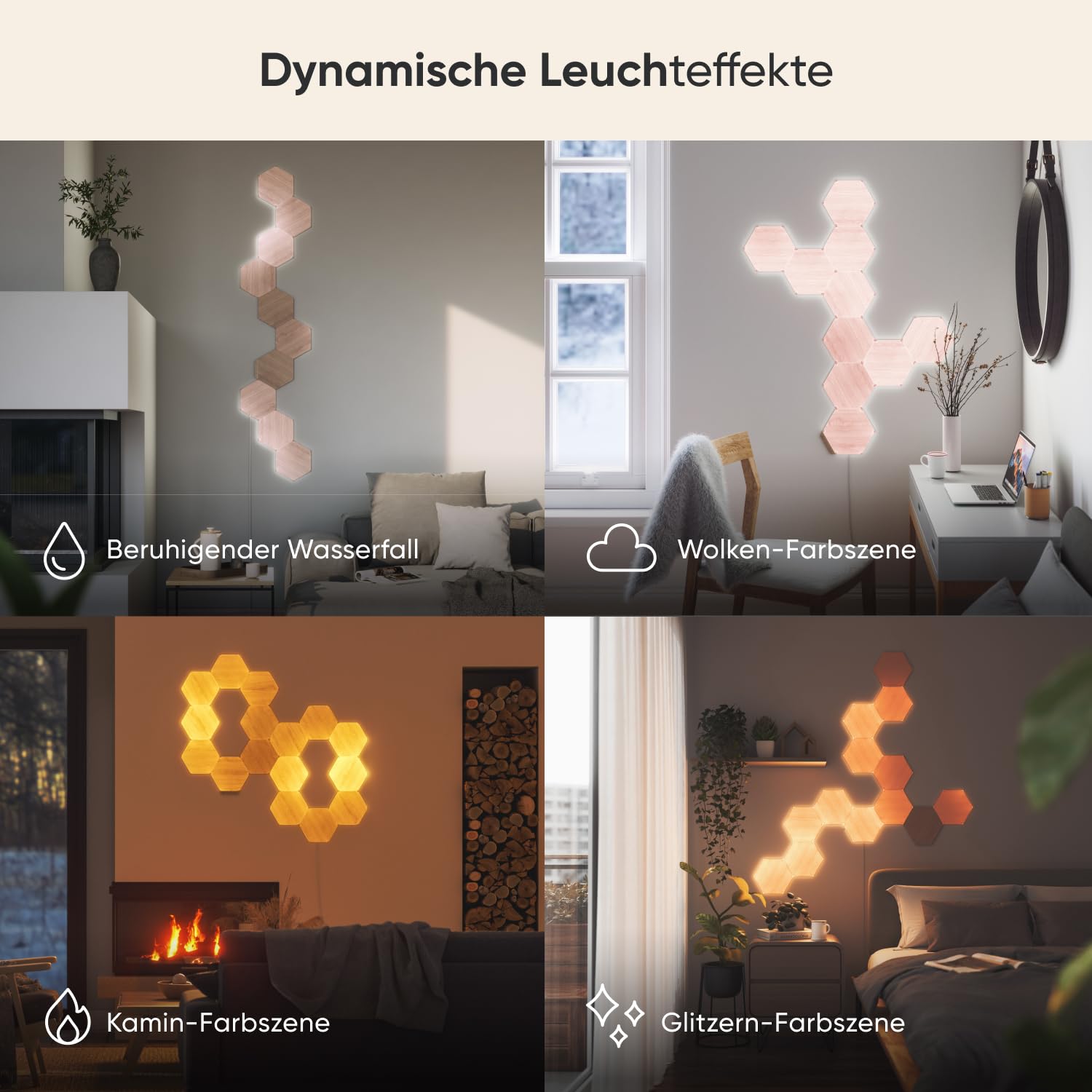 Nanoleaf Elements Hexagon Erweiterungspack – 3 smarte Holzoptik LED-Panels für Wandbeleuchtung