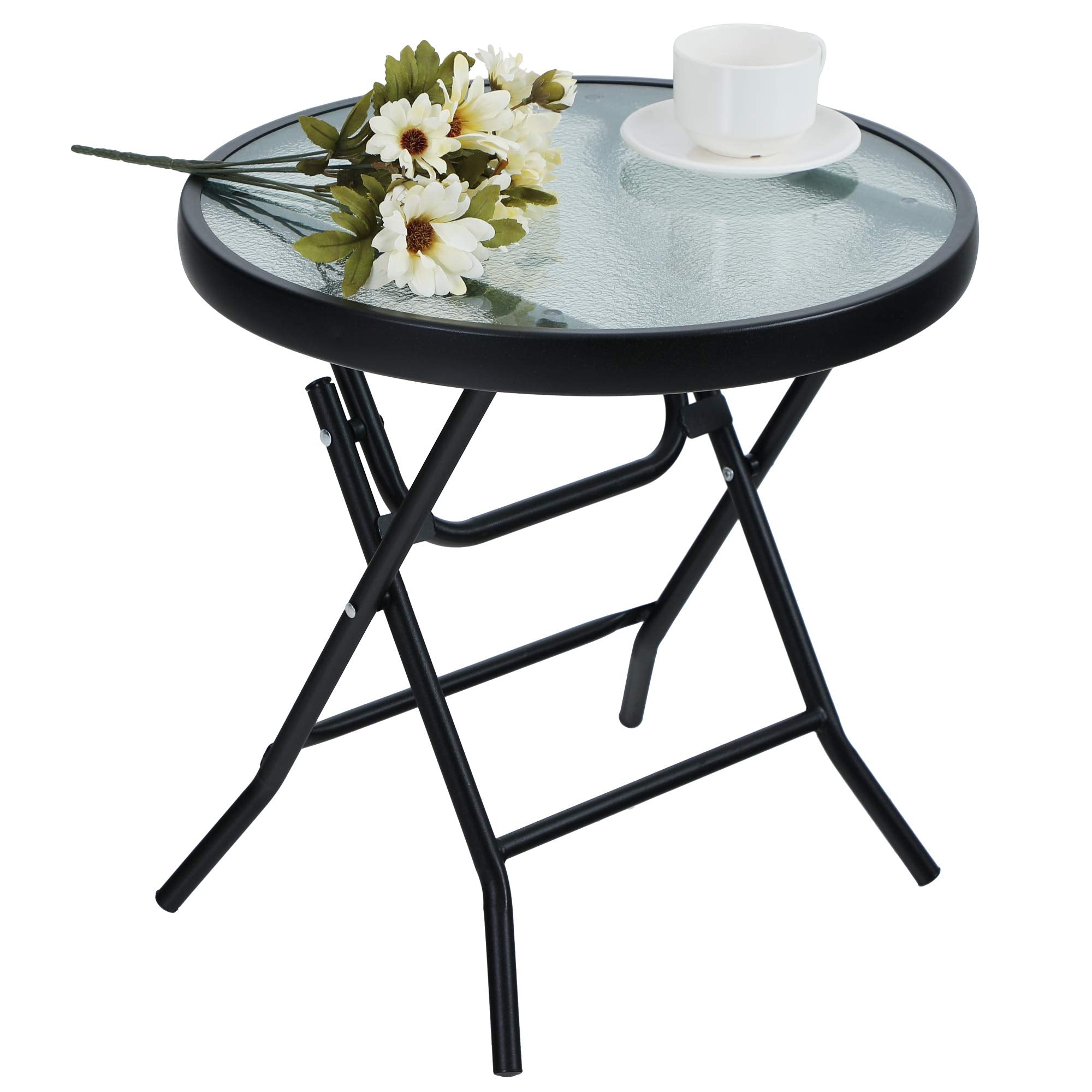 Klappbarer Beistelltisch mit Glasplatte – runder Balkontisch modern & platzsparend