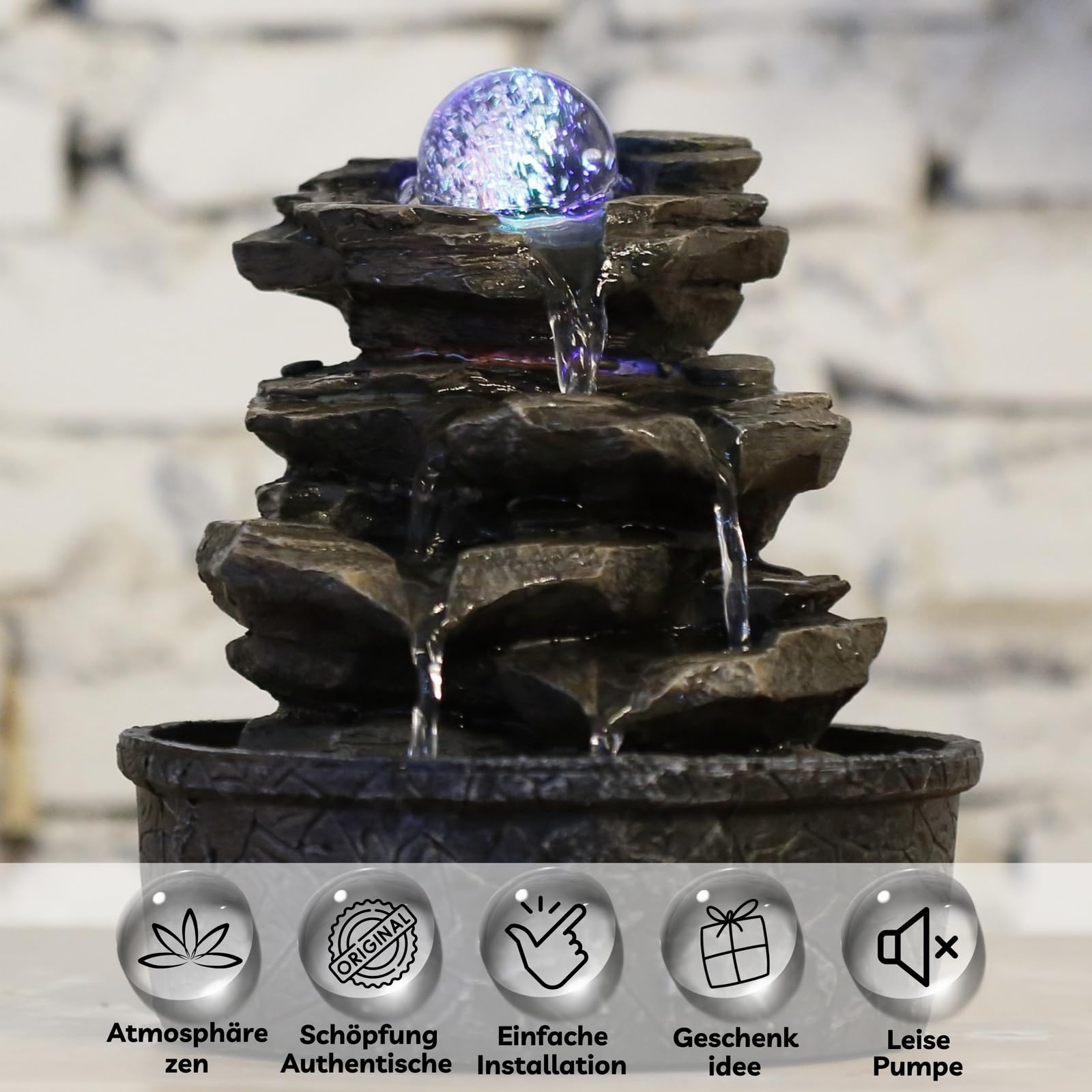 Zimmerbrunnen Little Rock – LED Farbwechsel, Steinoptik & Feng Shui