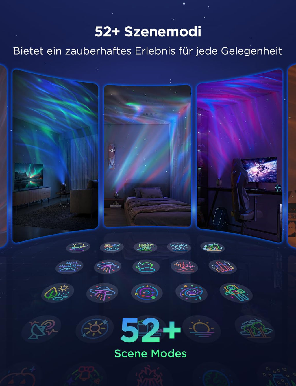 RGBW Sternenhimmel Projektor mit Alexa – Aurora Galaxy Lampe mit 52 Szenen für Schlafzimmer