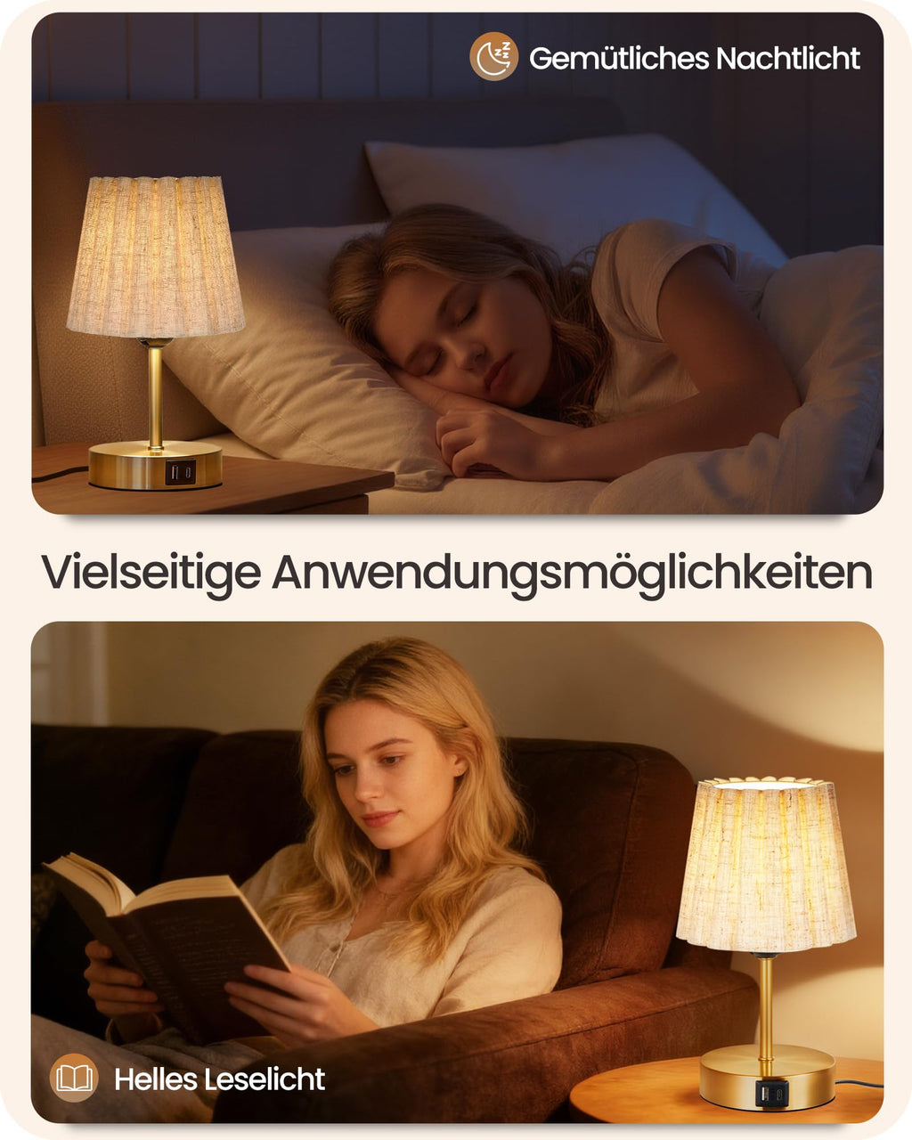 Moderne LED Tischlampe Touch-Dimmbar mit USB A+C – Stoffschirm Beige-Gold Warmweiß
