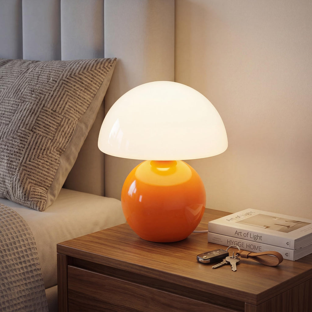Pilz Nachttischlampe LED dimmbar – Keramik & Glas Tischlampe Orange