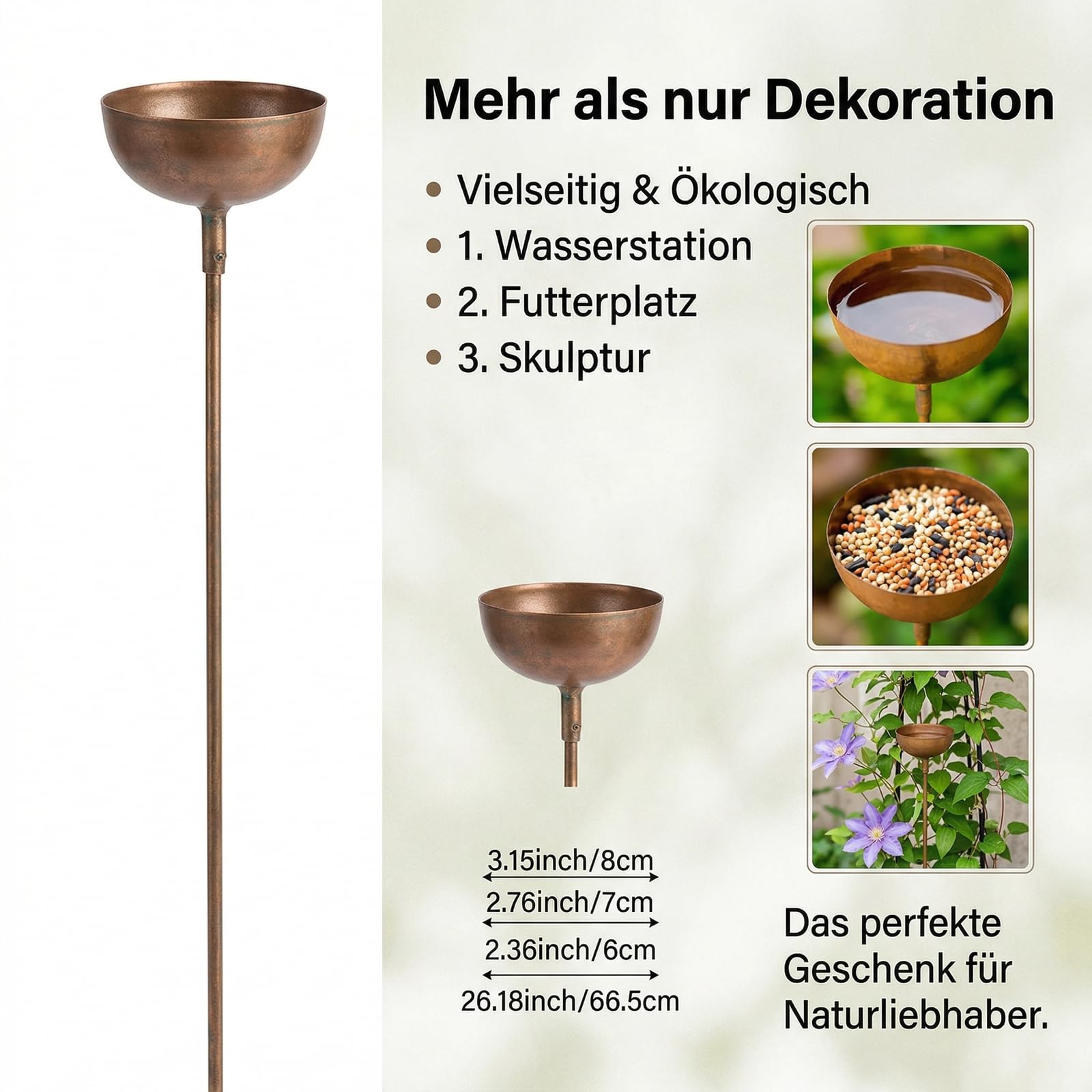 Regenfänger Gartenstecker Naturrost 60 cm – Insektentränke Metall Beetstecker