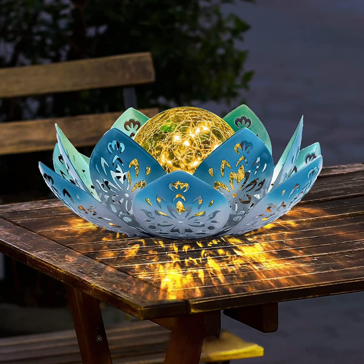 Solar Lotusblüten Lampe Gartendeko Wasserdicht Blau Crack Glaskugel