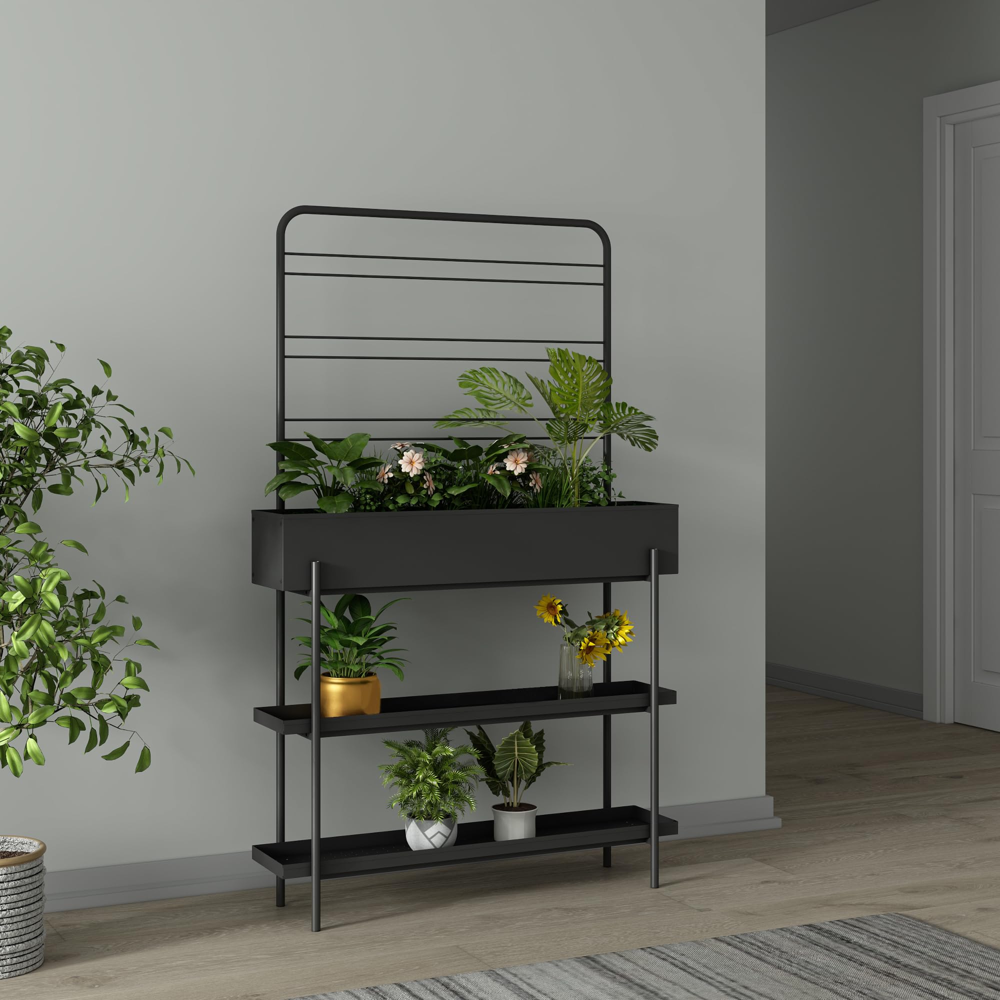 Metall-Pflanzenregal Outdoor & Indoor mit Blumenkasten & Ablagen – Schwarz