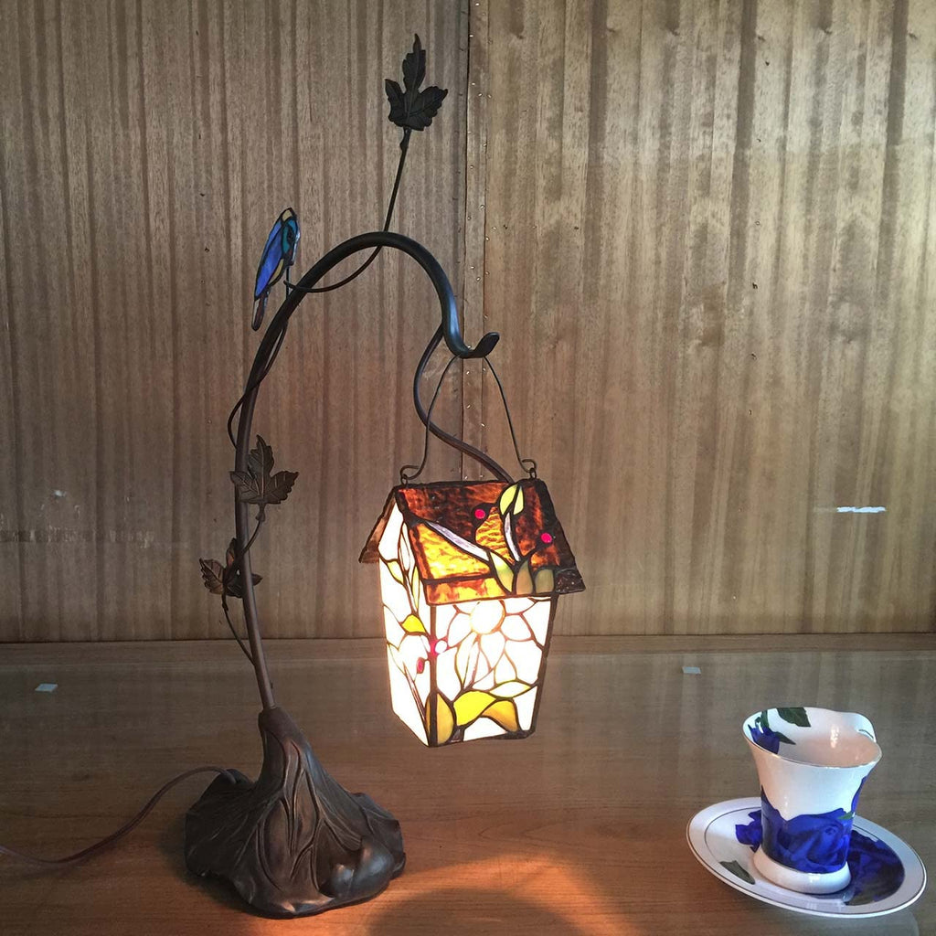 Bieye L30617 Tiffany Tischlampe mit Vogelhaus – Handgefertigte Buntglas Designerleuchte