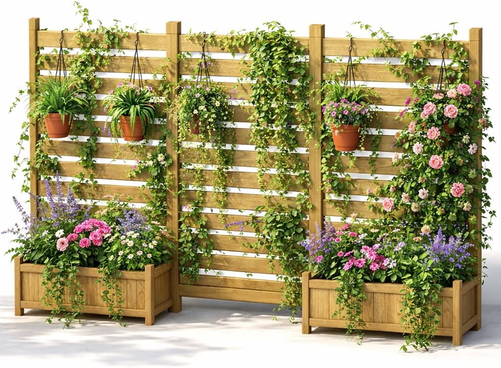 Pamapic 3er Holz Blumenkasten mit Rankgitter &amp; Sichtschutz – Pflanzkasten für Terrasse & Garten