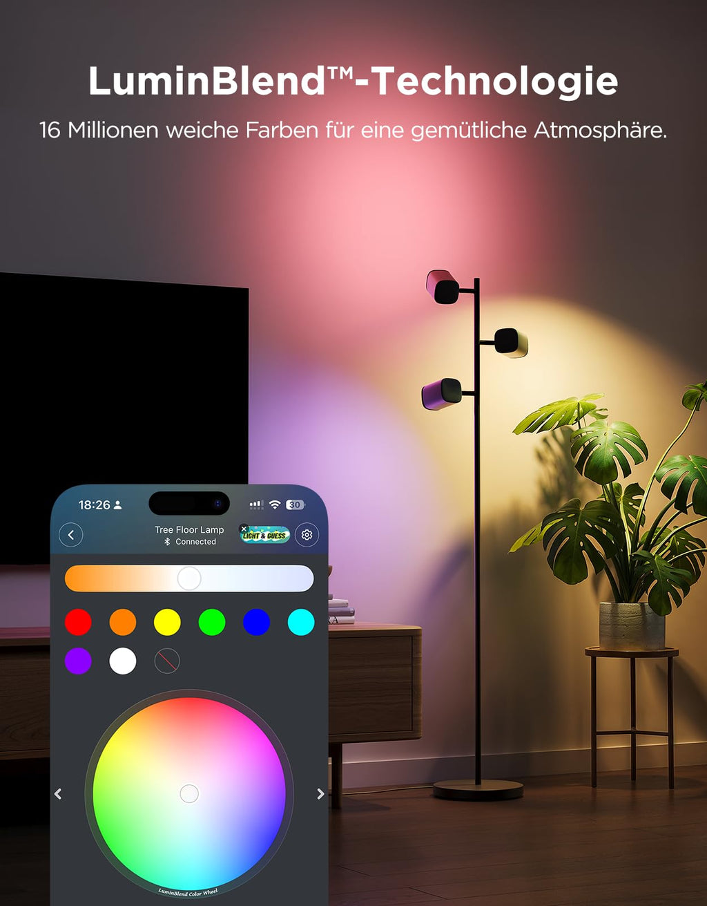 RGBWW LED Stehlampe 1500lm dimmbar – Smart Stehleuchte mit Alexa, Musik Sync für Wohnzimmer