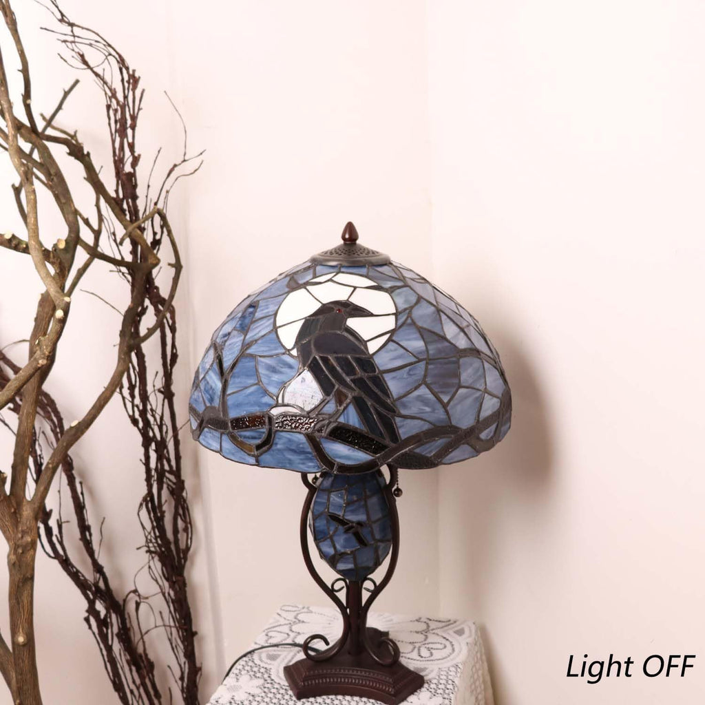 Bieye L30954 Tiffany Tischlampe mit Rabe – Handgefertigte Buntglas Designerleuchte