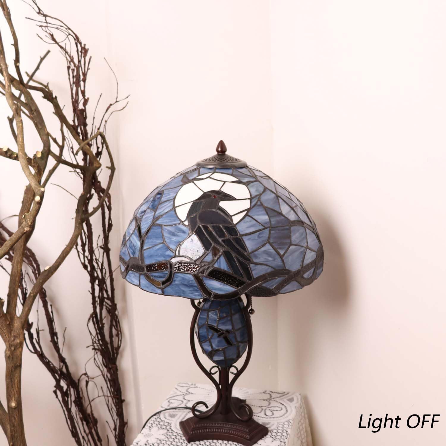 Bieye L30954 Tiffany Tischlampe mit Rabe – Handgefertigte Buntglas Designerleuchte