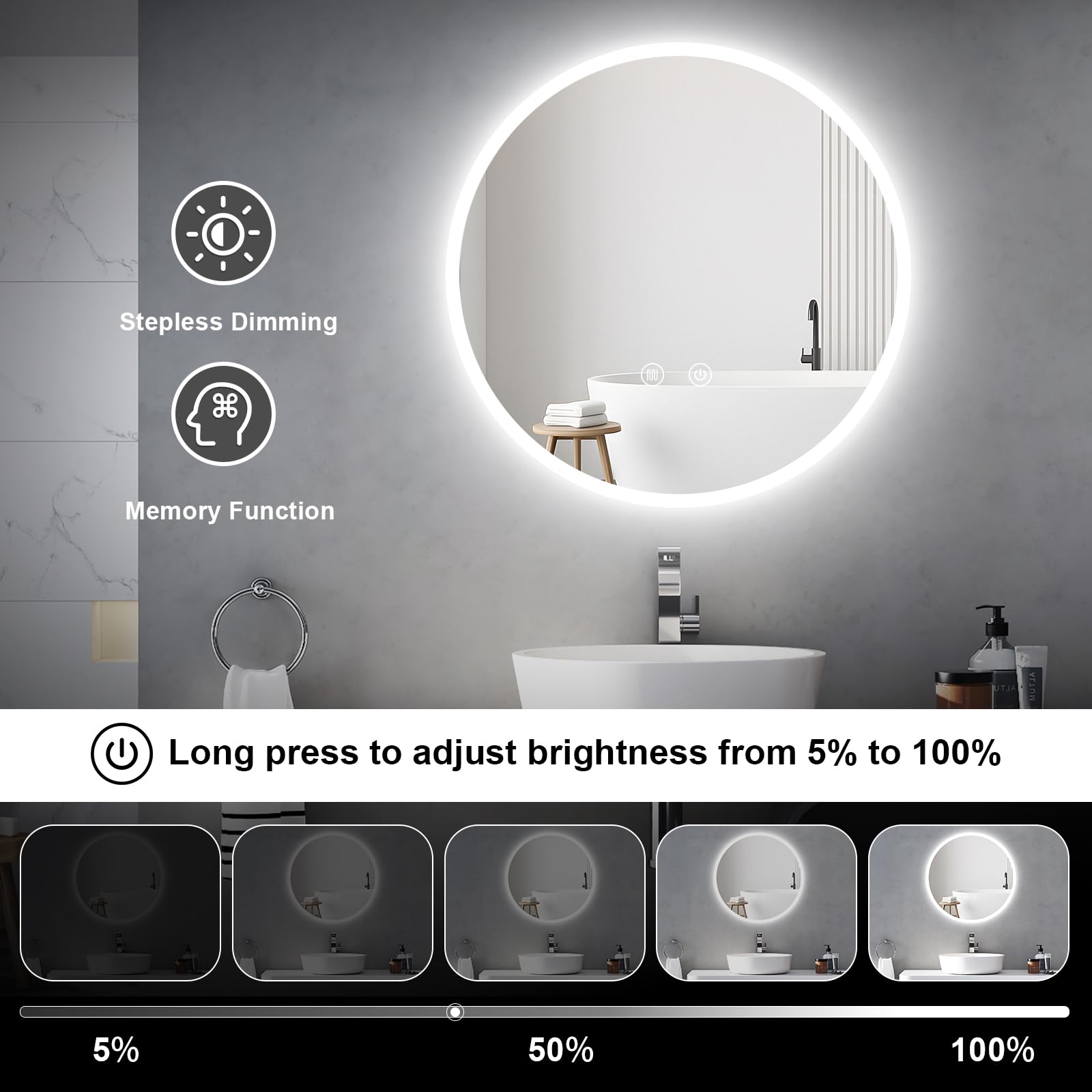 LED Badspiegel rund 60 cm mit Beleuchtung – dimmbar, Antibeschlag & 3 Farbtemperaturen