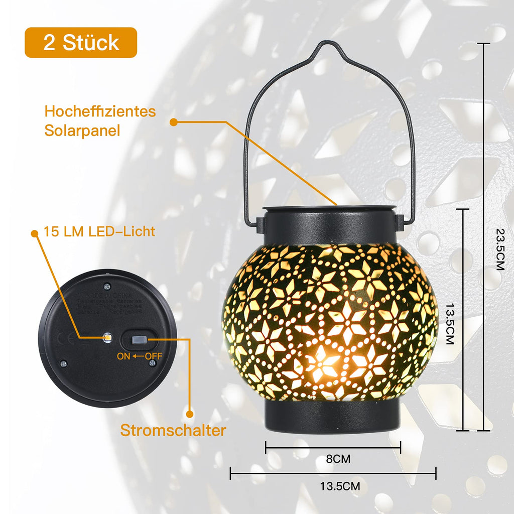 Solarlaterne Außen Hängend 2er Set – IP65 Wasserdicht, LED Warmweiß, Metall Schwarz