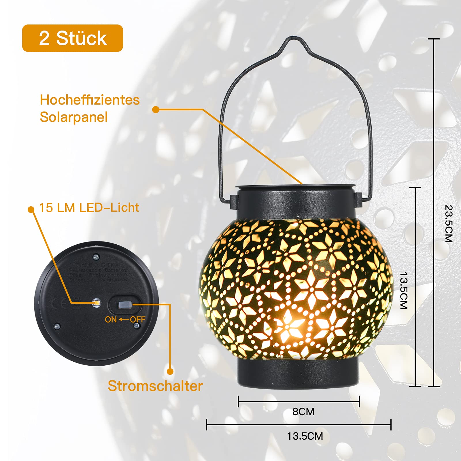 Solarlaterne Außen Hängend 2er Set – IP65 Wasserdicht, LED Warmweiß, Metall Schwarz