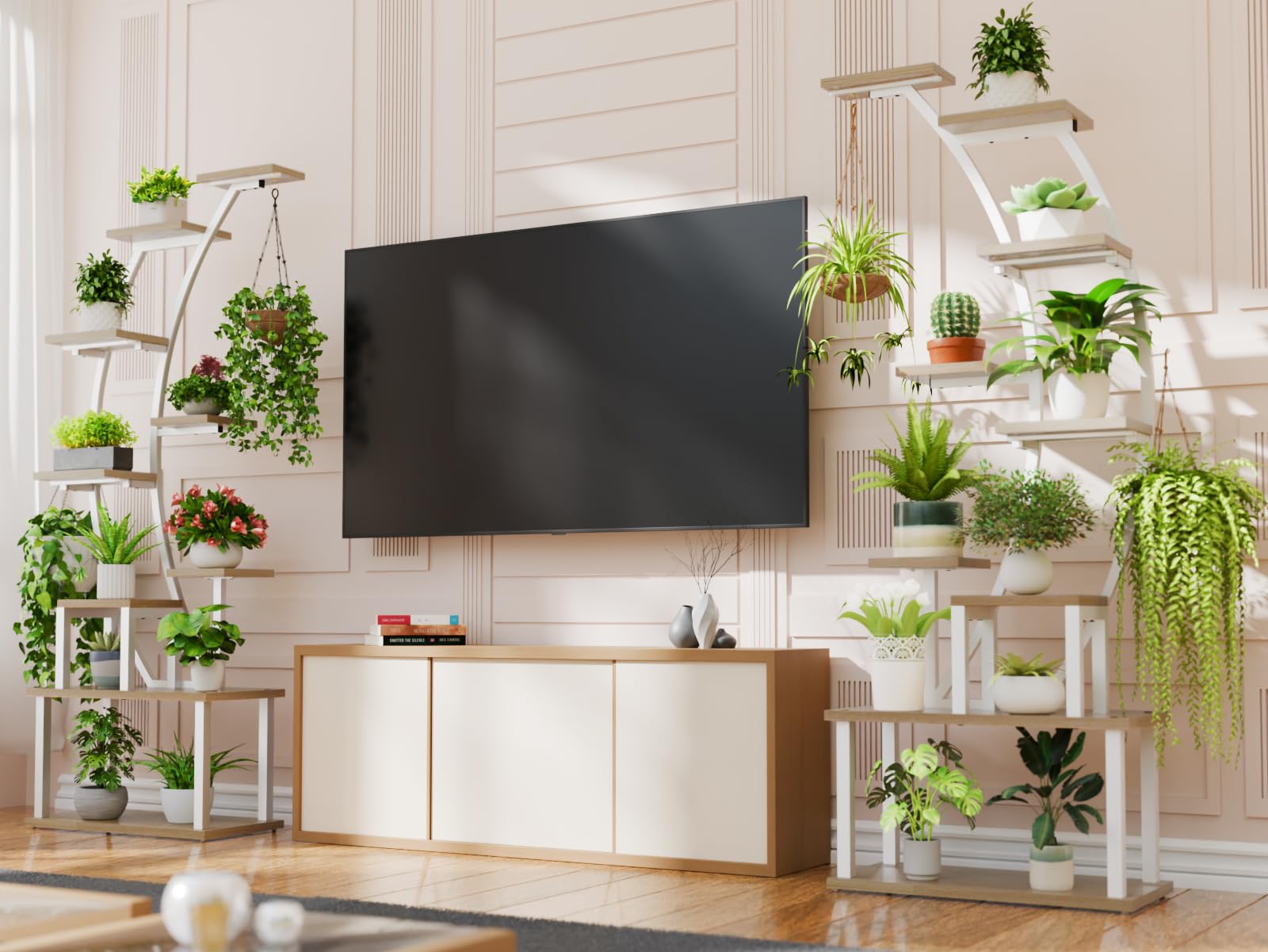 Pflanzenständer mit Grow Light, 9 Ebenen, 160 cm, Weiß – Metall & Holz