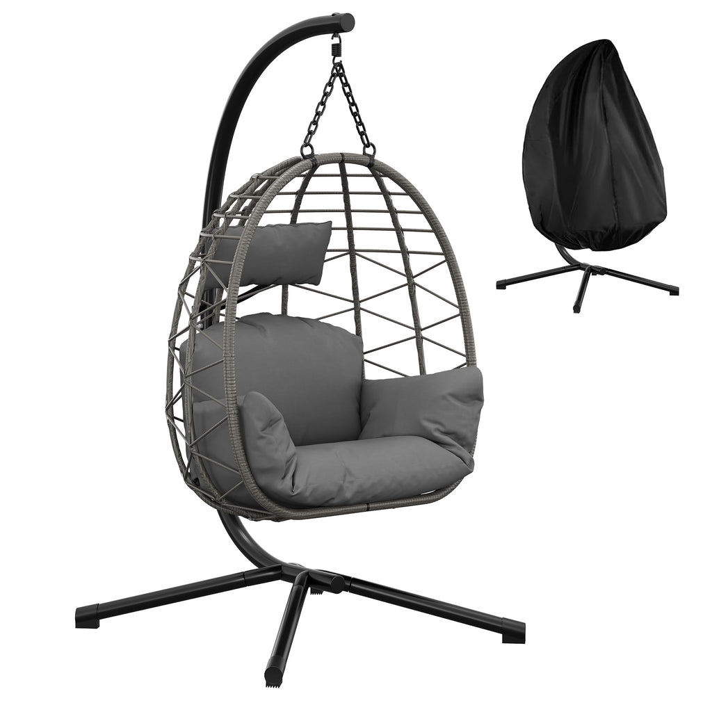 Rattan Hängesessel mit Metallgestell – Indoor &amp; Outdoor, 150 kg, Grau