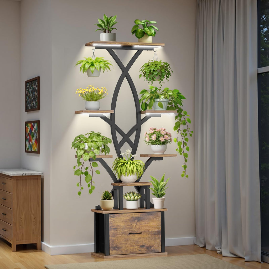 Pflanzenständer mit Grow Light, 165 cm, 8 Ebenen, Schublade & Haken – Metall