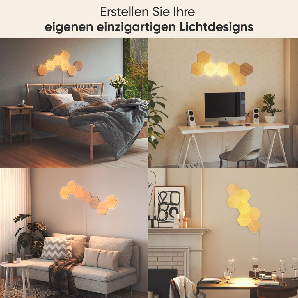 Nanoleaf Elements Hexagon Erweiterungspack – 3 smarte Holzoptik LED-Panels für Wandbeleuchtung