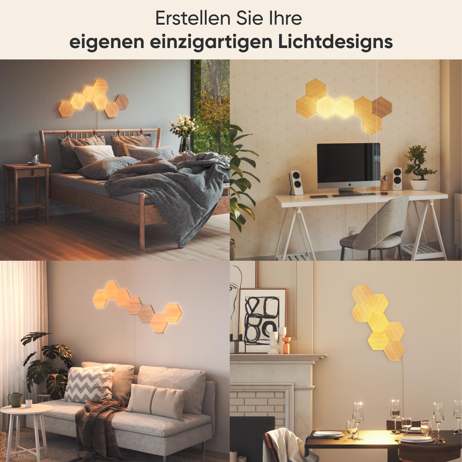 Nanoleaf Elements Hexagon Erweiterungspack – 3 smarte Holzoptik LED-Panels für Wandbeleuchtung