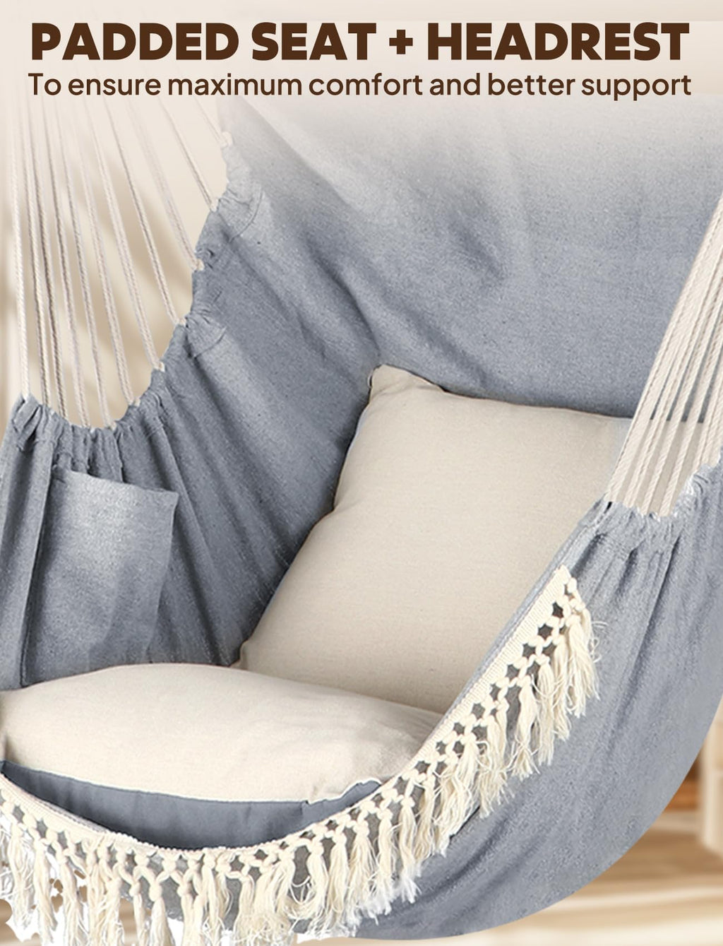 Chihee Hängesessel Macramé Boho – mit 2 Kissen, Stahl, bis 227 kg, In- & Outdoor