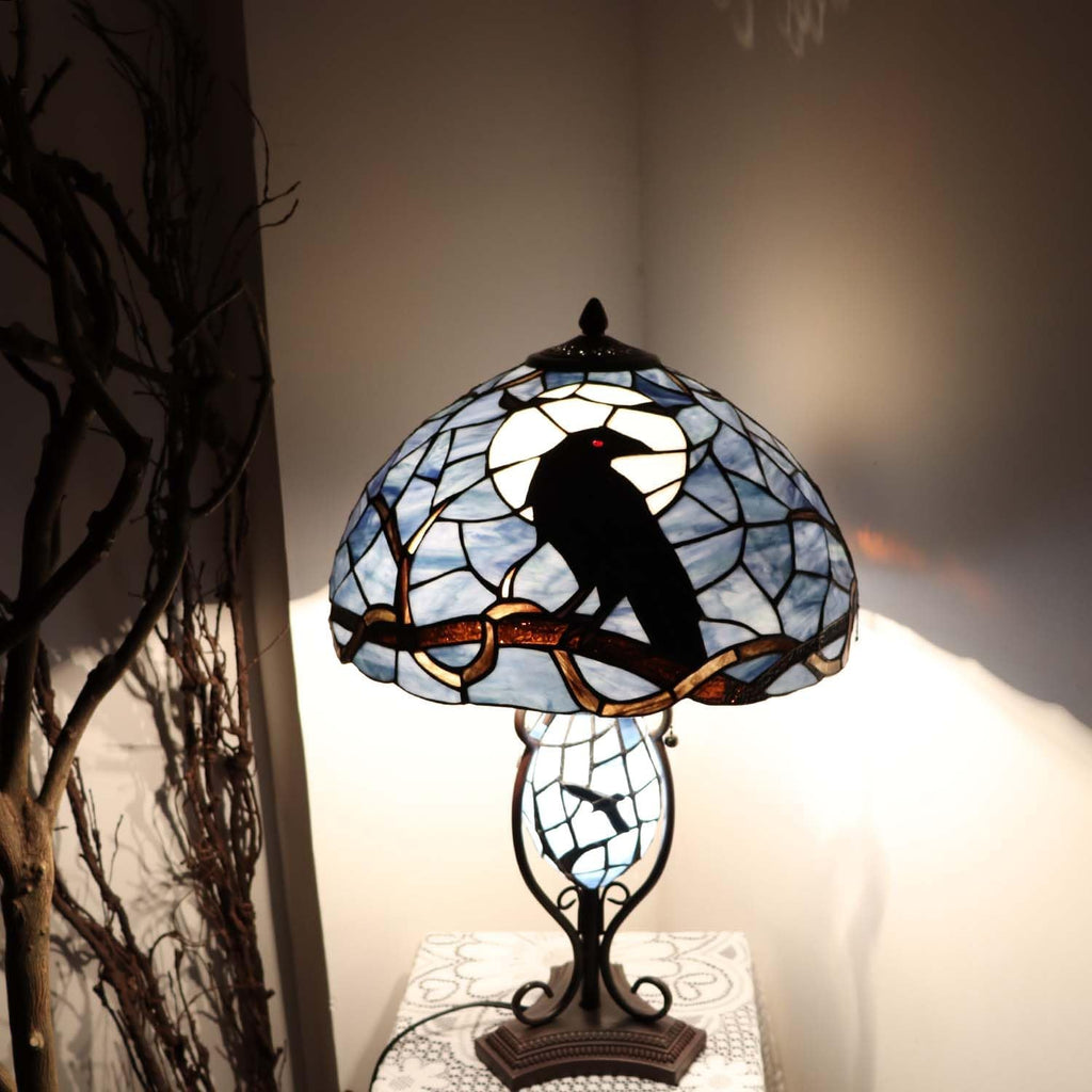 Bieye L30954 Tiffany Tischlampe mit Rabe – Handgefertigte Buntglas Designerleuchte