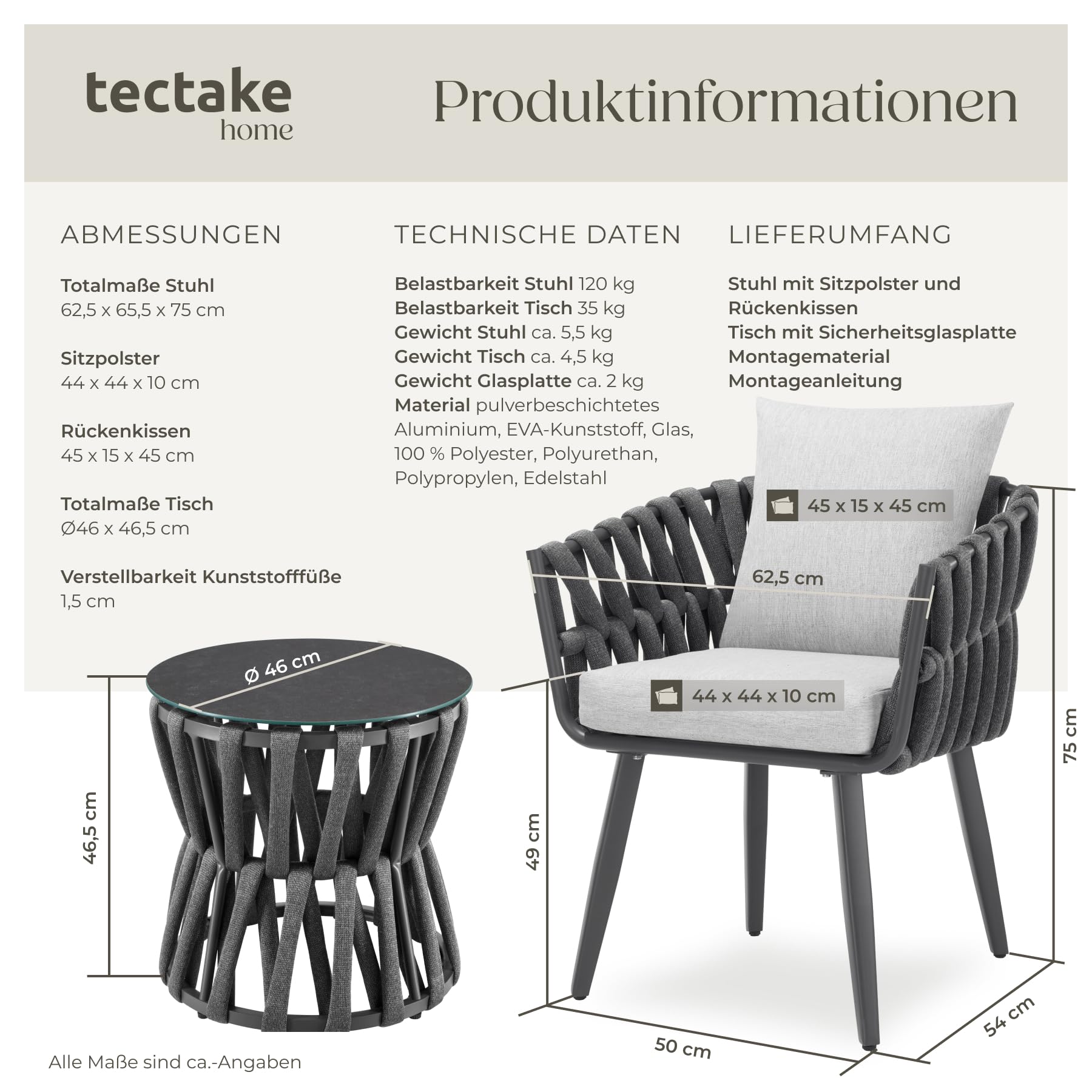 Modernes Gartenmöbel Set mit Rope Design – Aluminium Lounge Set mit Tisch & Polstern