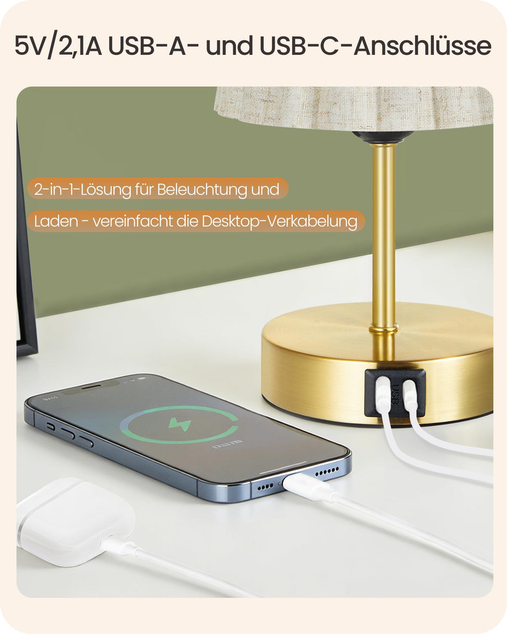 Moderne LED Tischlampe Touch-Dimmbar mit USB A+C – Stoffschirm Beige-Gold Warmweiß