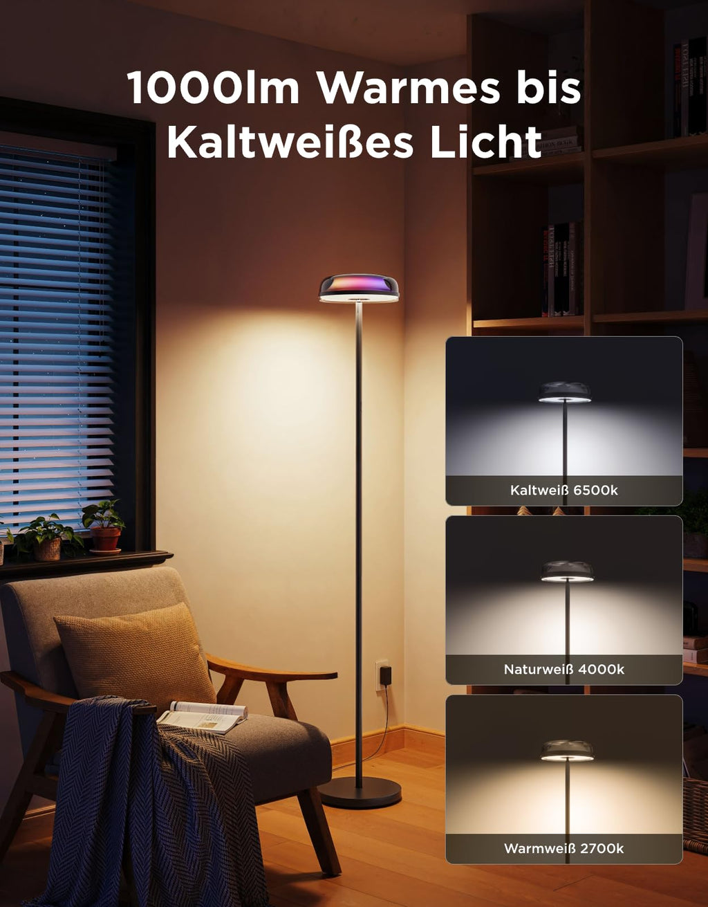 RGBICWW LED Stehlampe Deckenfluter – Smart Wohnzimmerlampe dimmbar mit Alexa & 80 Szenen