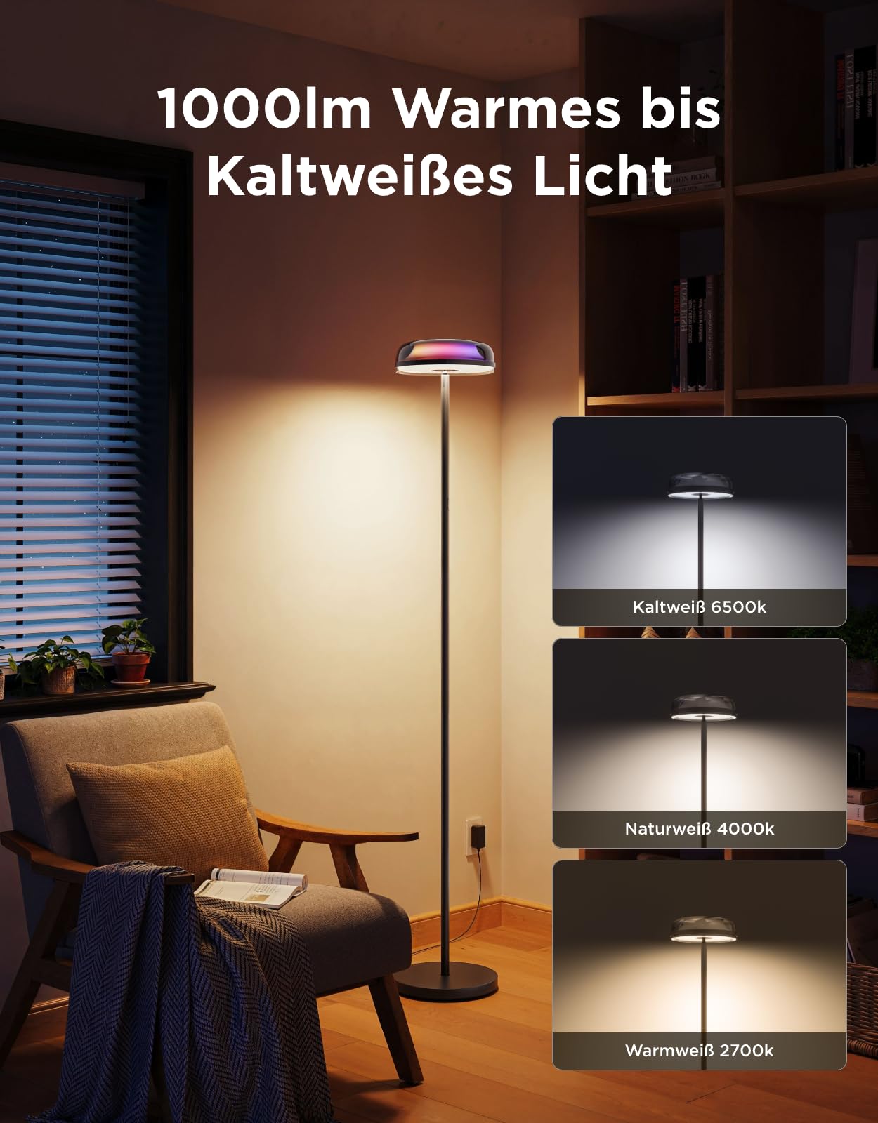 RGBICWW LED Stehlampe Deckenfluter – Smart Wohnzimmerlampe dimmbar mit Alexa & 80 Szenen