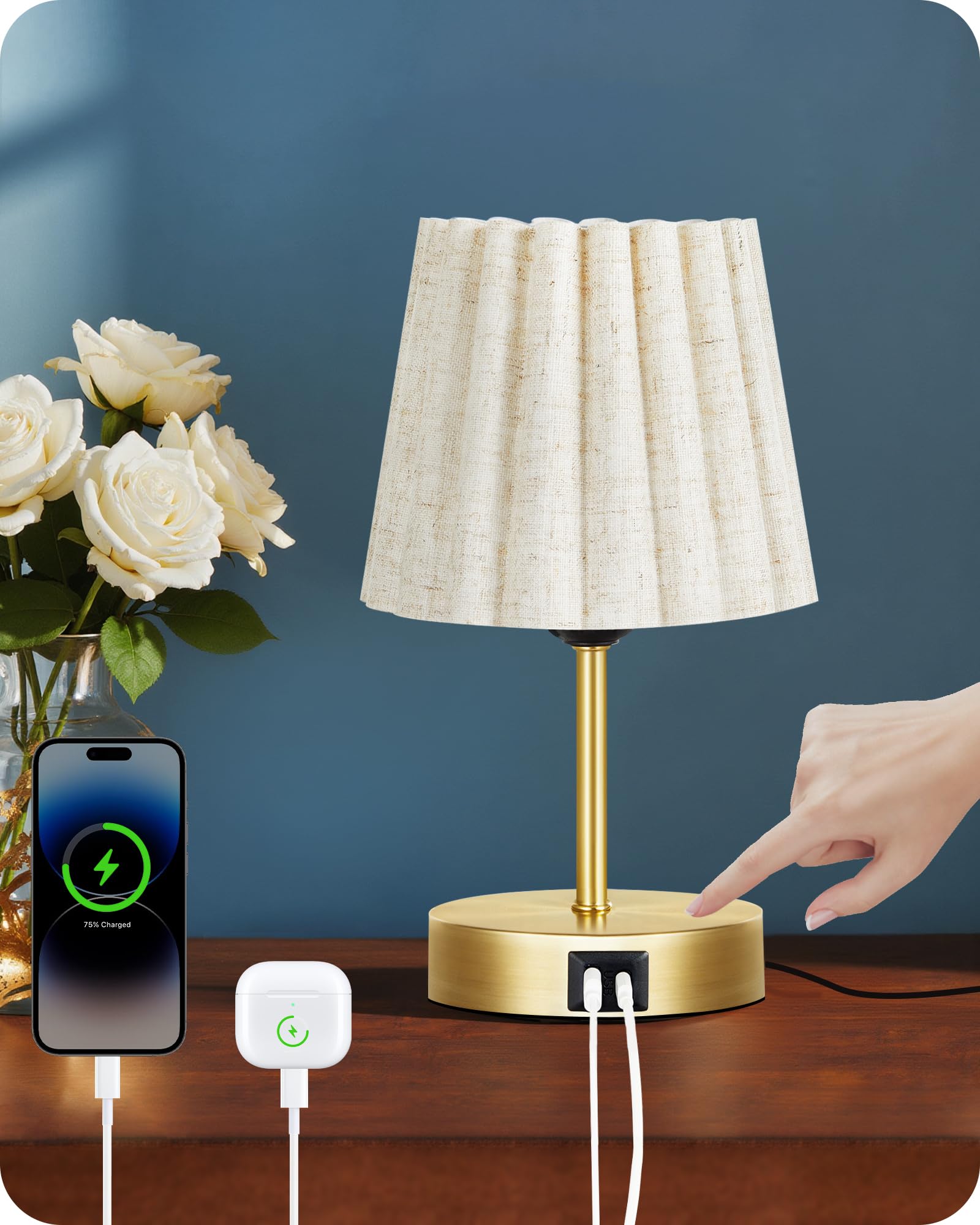 Moderne LED Tischlampe Touch-Dimmbar mit USB A+C – Stoffschirm Beige-Gold Warmweiß
