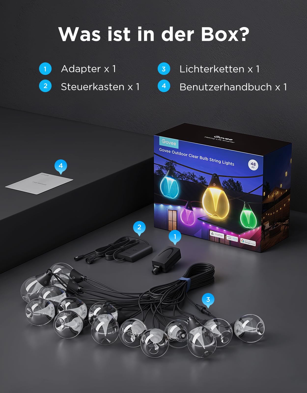 LED Garten Lichterkette 15m – RGB Außenbeleuchtung für Balkon, Terrasse & Garten