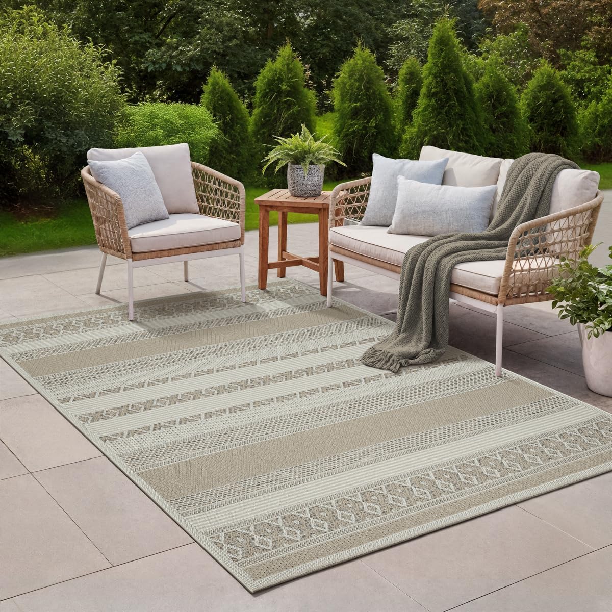Outdoor Teppich Beige Boho – Wetterfest für Balkon, Terrasse & Garten