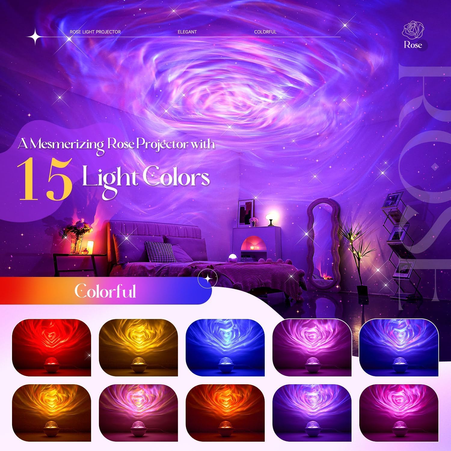 Aurora Projektor mit 15 Farben – Romantische Galaxy Lampe für Schlafzimmer