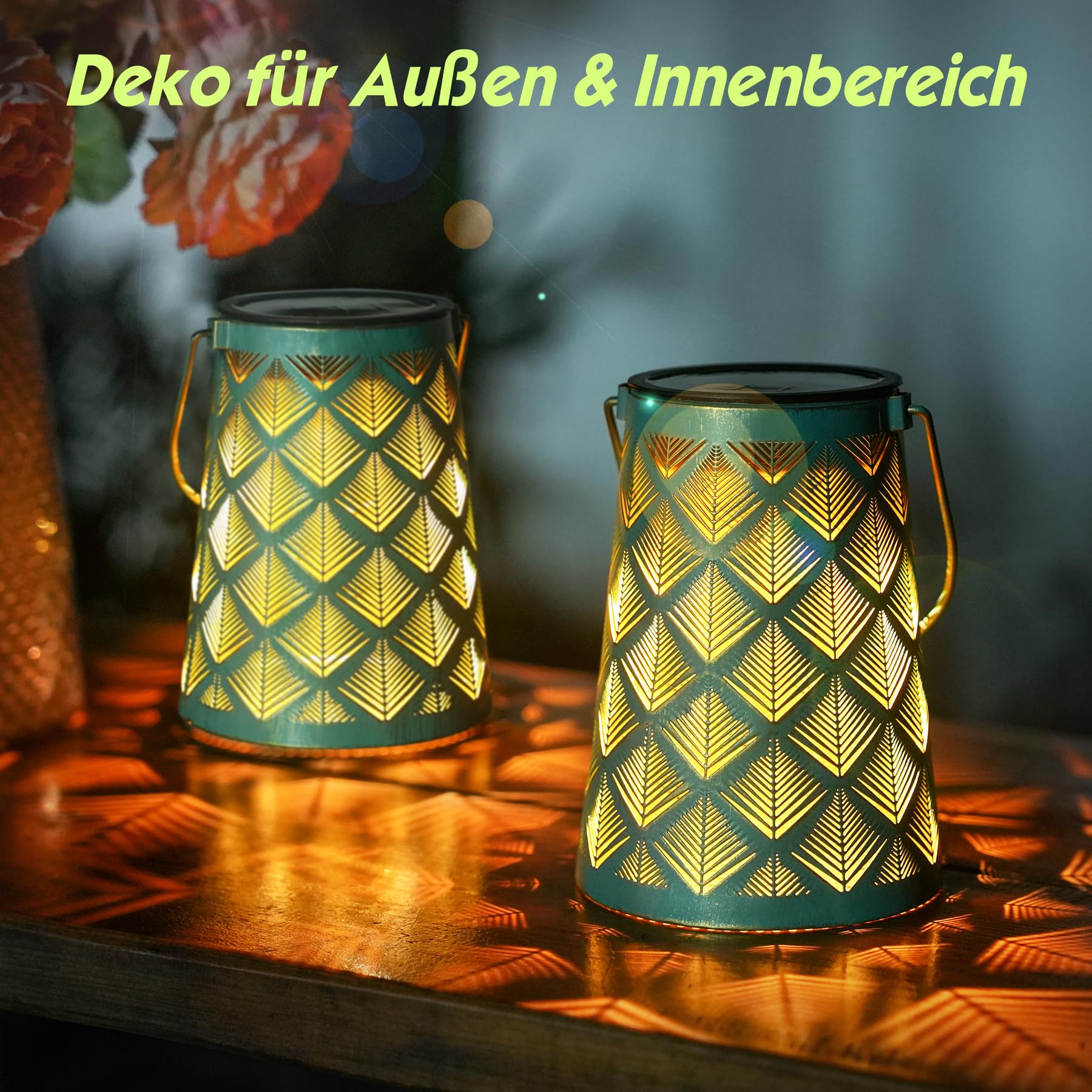 Solar Gartenlaterne 4er Set Vintage – Kiefernmuster, IP65, LED, Patina Grüngold