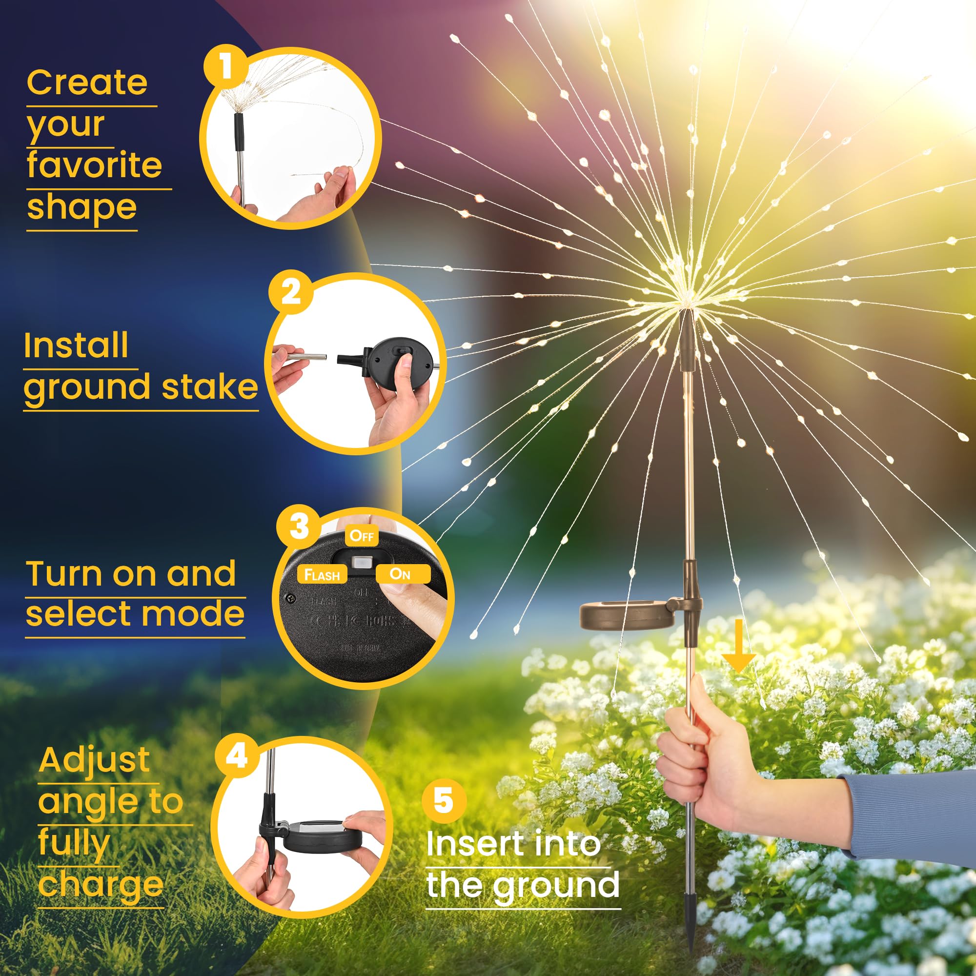 GIGALUMI Solar Feuerwerk Gartenlampen 4er Set – 120 LED IP65 Outdoor Balkon Terrasse Deko