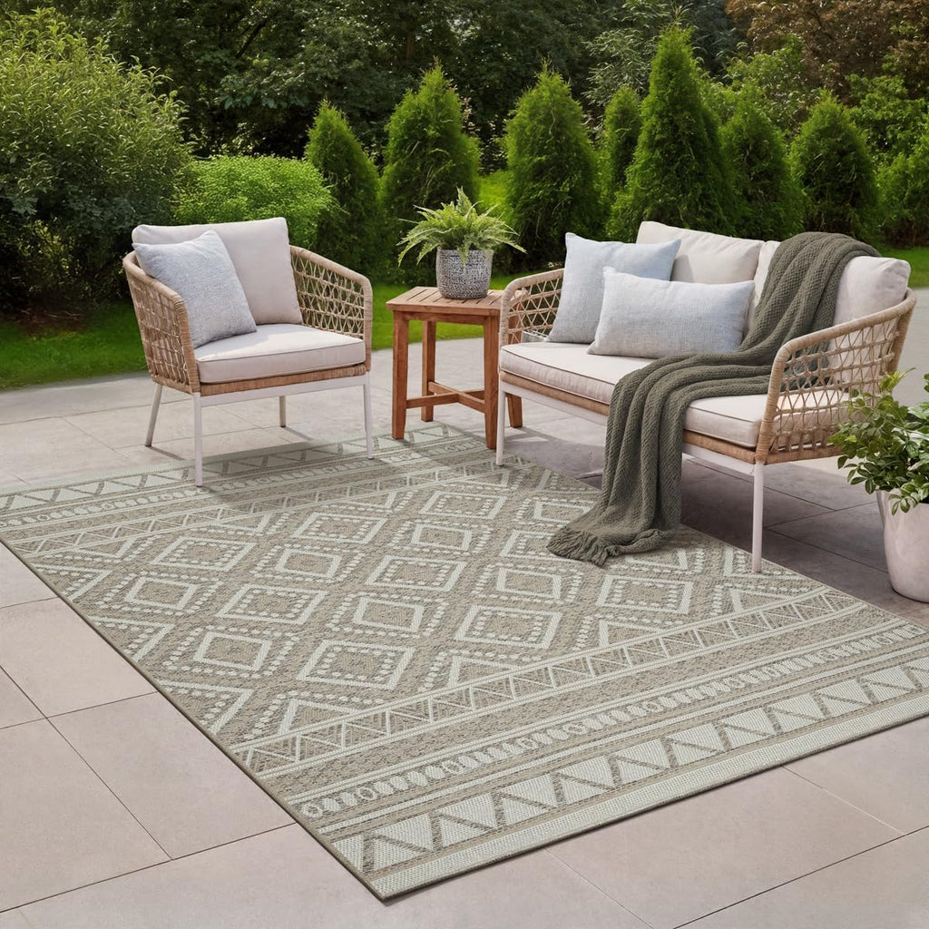 Outdoor Teppich Boho Beige – Wetterfest für Balkon, Terrasse & Garten
