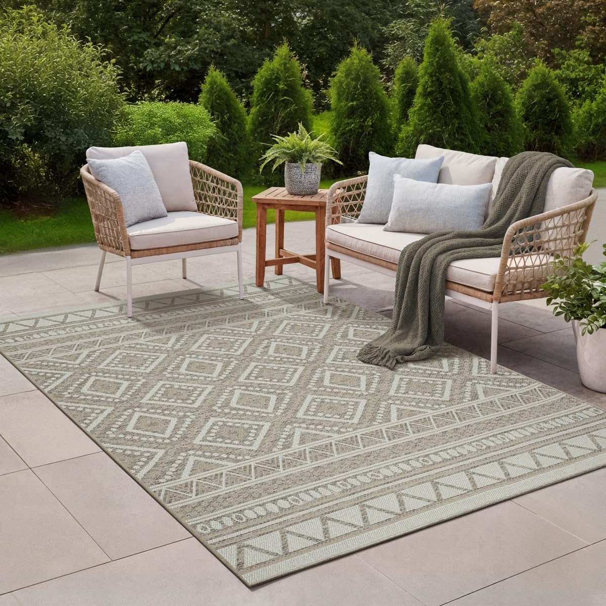 Outdoor Teppich Boho Beige – Wetterfest für Balkon, Terrasse & Garten