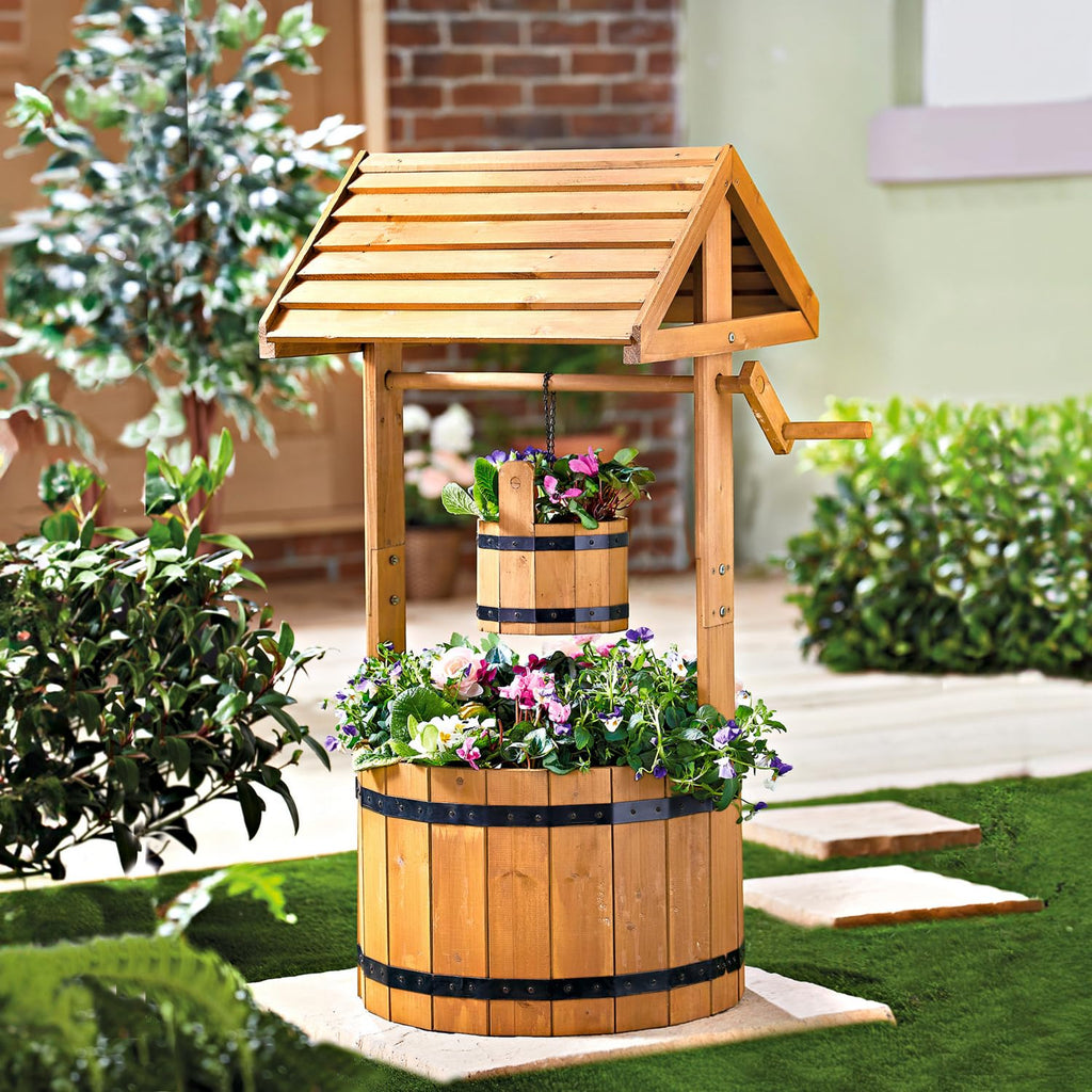 Wunschbrunnen Pflanztopf Holz 🌿 Dekorative Gartendeko für Balkon & Terrasse