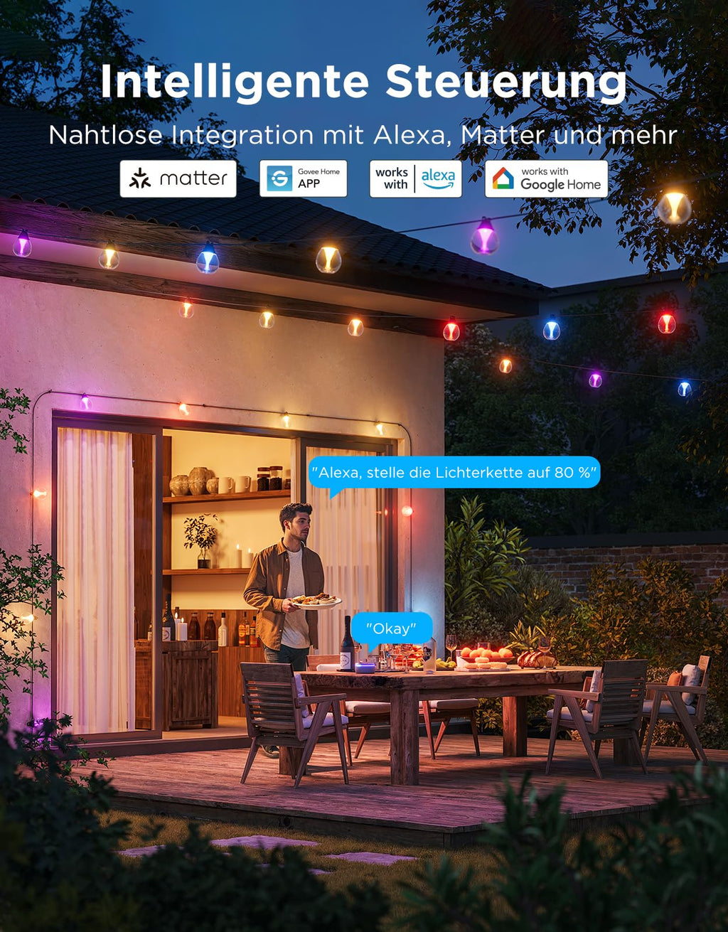 LED Garten Lichterkette 15m – RGB Außenbeleuchtung für Balkon, Terrasse & Garten