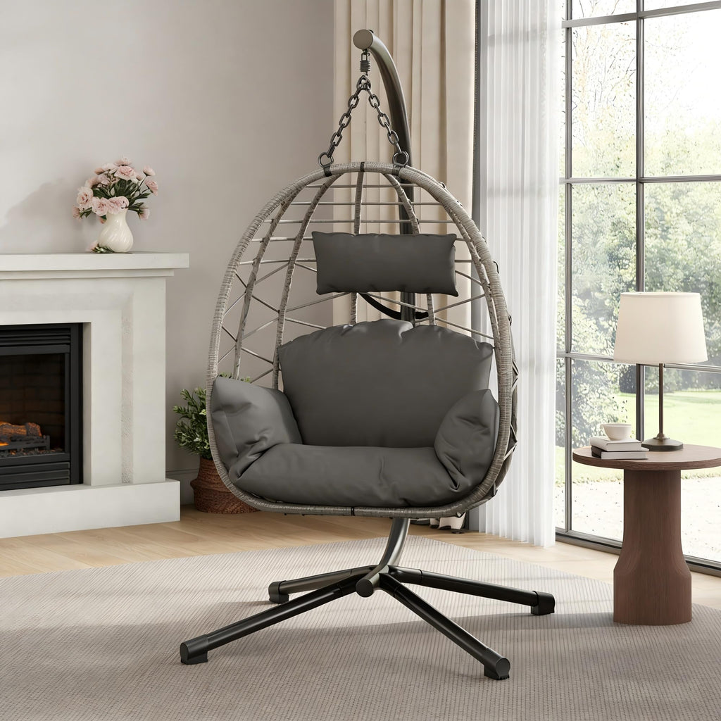 Rattan Hängesessel mit Metallgestell – Indoor &amp; Outdoor, 150 kg, Grau