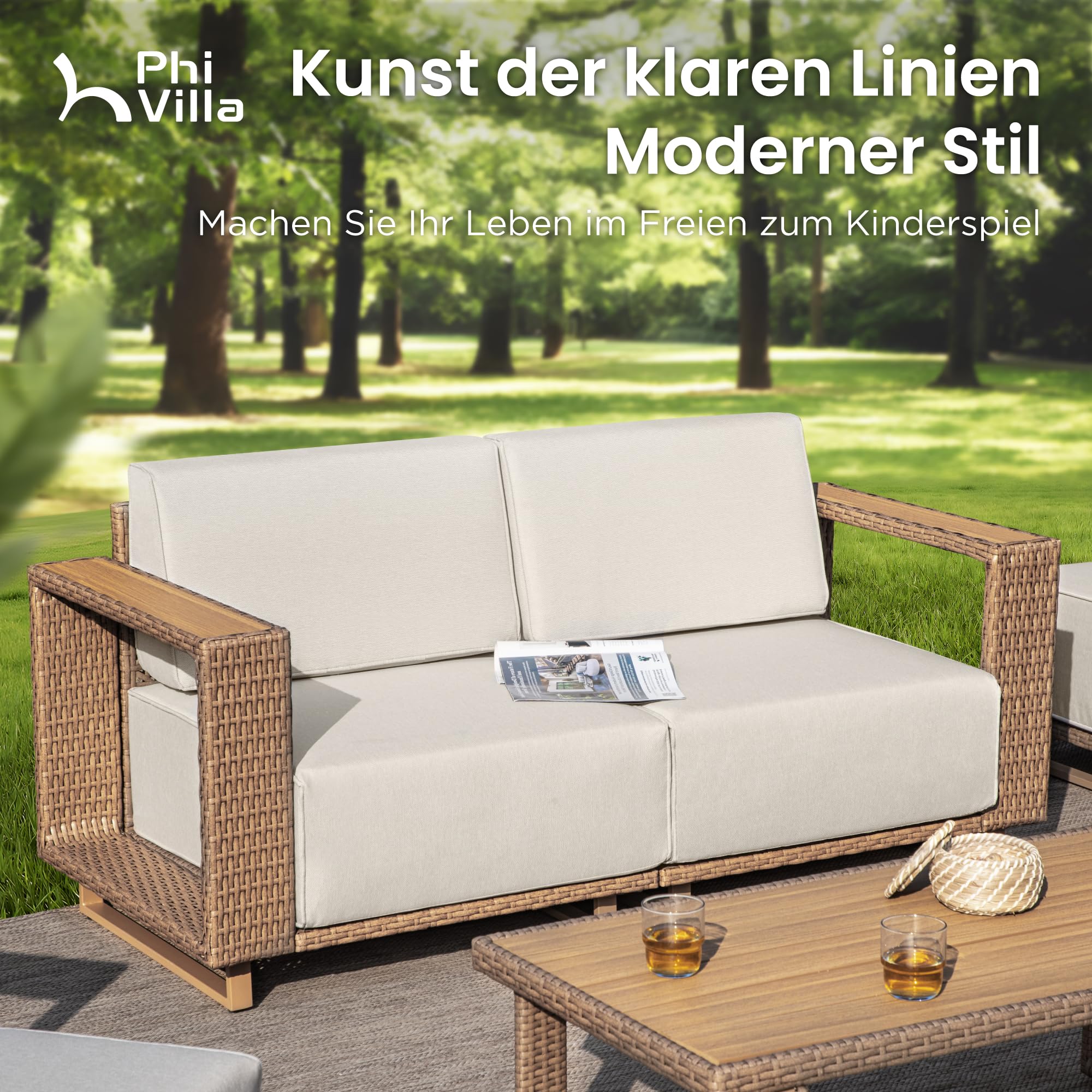 PHI VILLA Rattan Gartenmöbel Set für 6 Personen – Outdoor Lounge Sofa Balkon Terrasse
