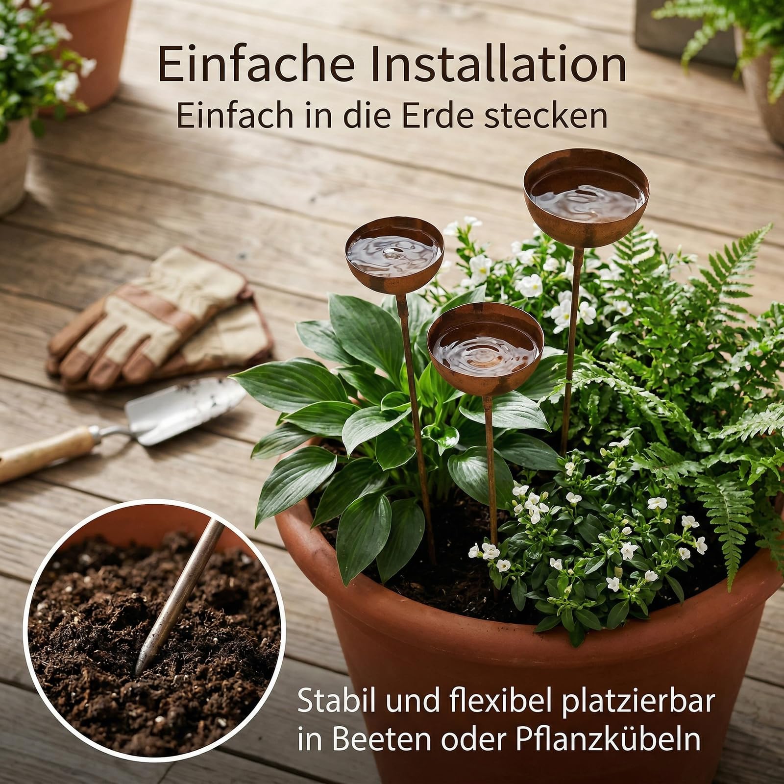 Regenfänger Gartenstecker Naturrost 60 cm – Insektentränke Metall Beetstecker