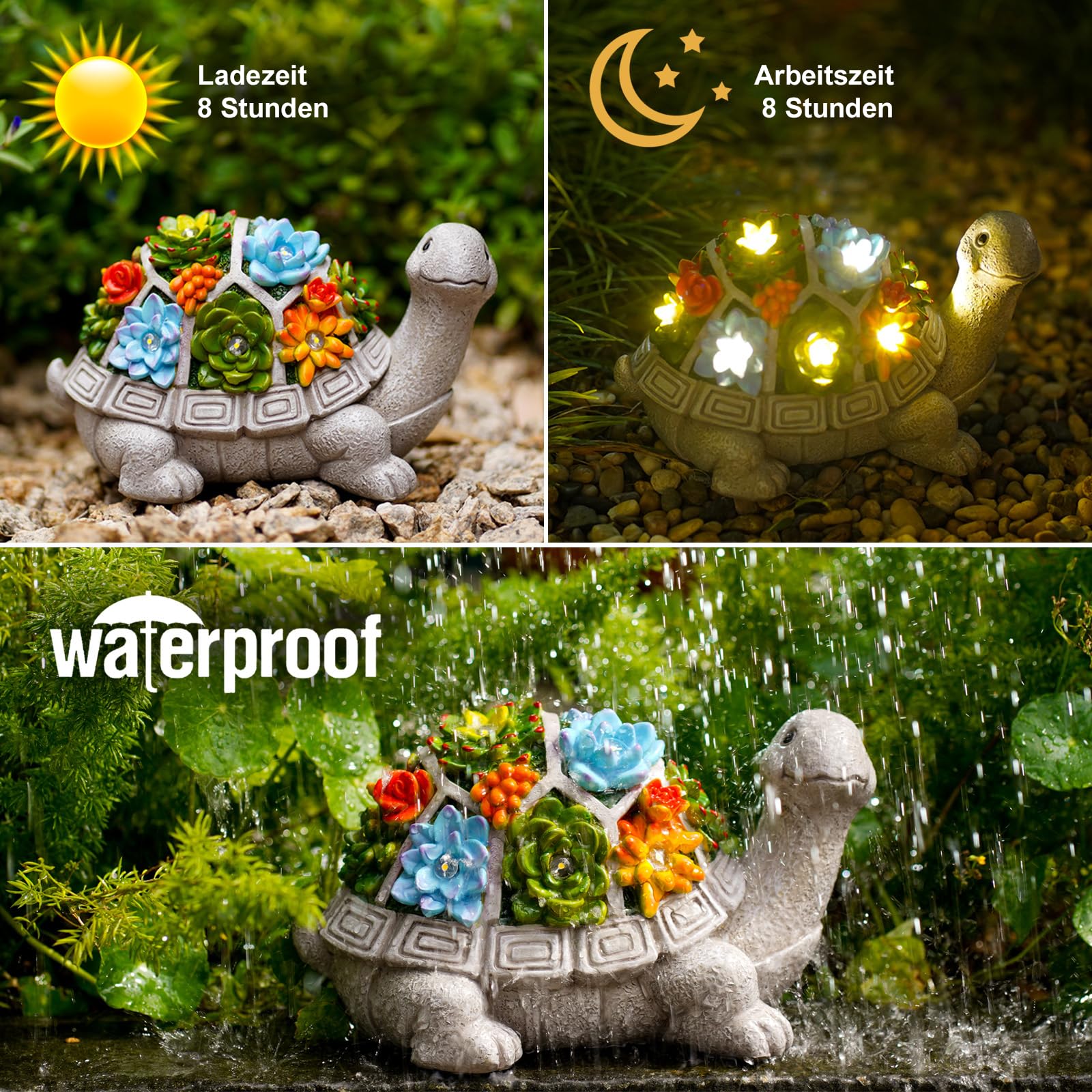 Solar Schildkröte Gartenfigur mit Sukkulenten Deko Terrasse Balkon Geschenk
