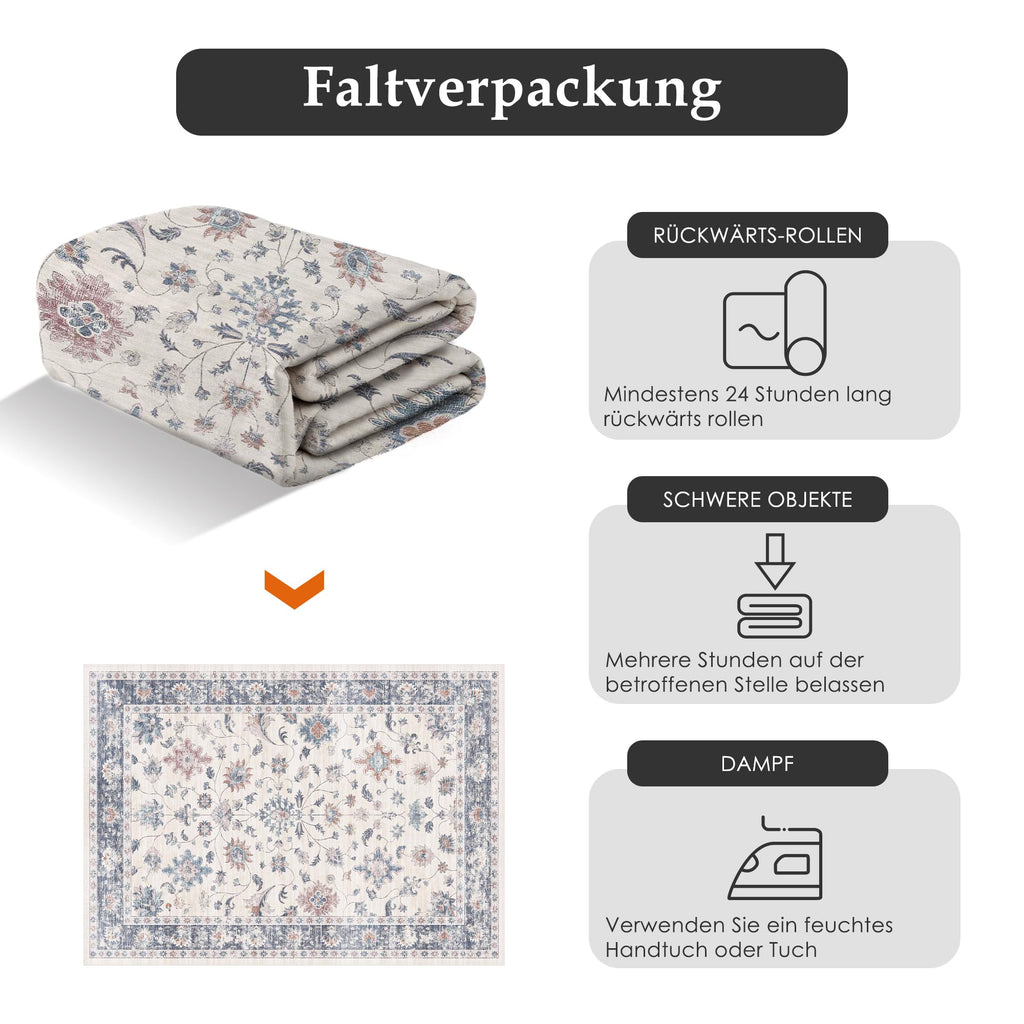 Boho Vintage Rug 200x300 cm - Washable Non-Slip Living Room Rug with Floral Pattern Blue White