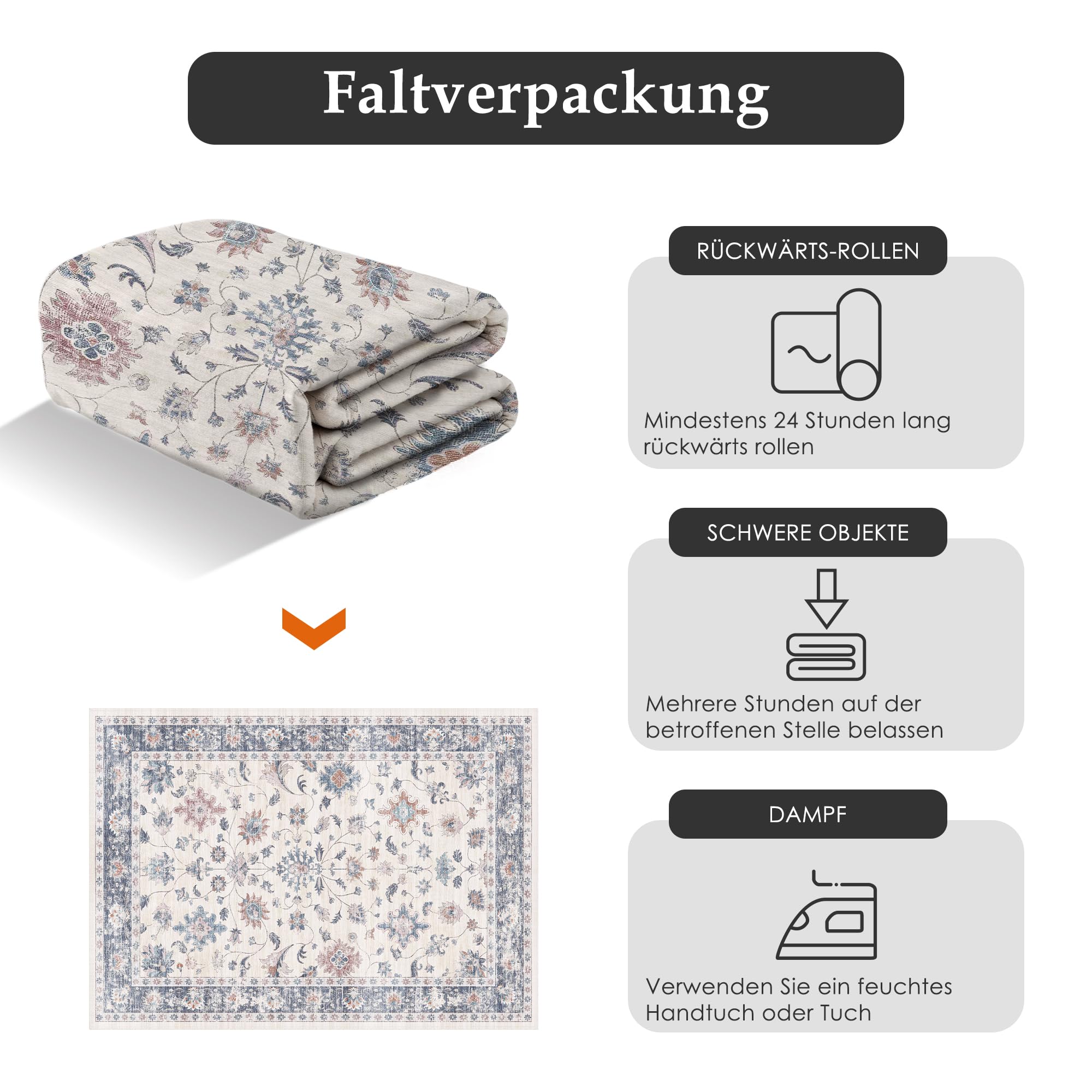 Boho Vintage Teppich 200×300 cm – waschbarer rutschfester Wohnzimmer Teppich mit Blumenmuster Blau Weiß