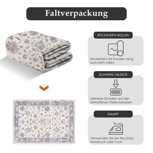 Boho Vintage Rug 200x300 cm - Washable Non-Slip Living Room Rug with Floral Pattern Blue White