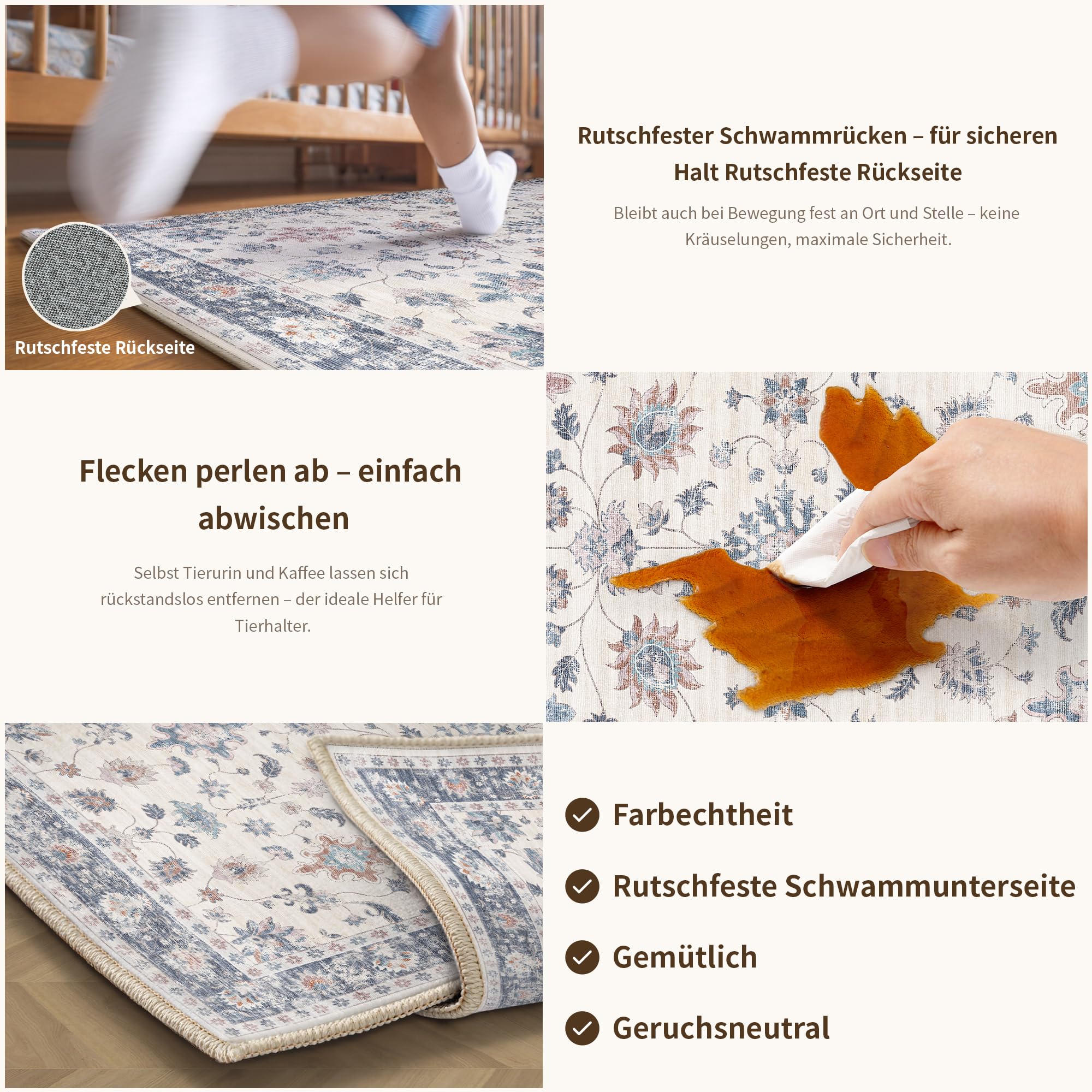 Boho Vintage Teppich 200×300 cm – waschbarer rutschfester Wohnzimmer Teppich mit Blumenmuster Blau Weiß