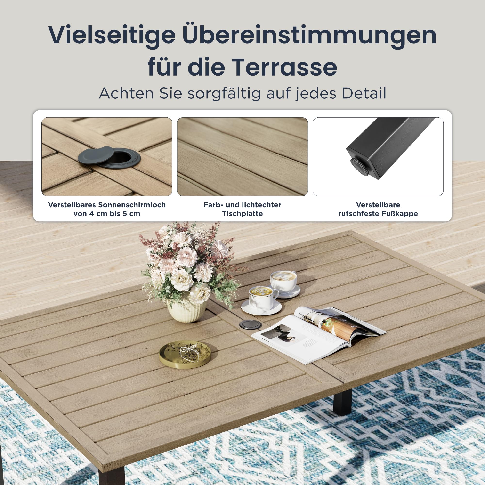 PHI VILLA Gartenmöbel Set für 6 Personen – Wetterfestes Outdoor Essgruppe
