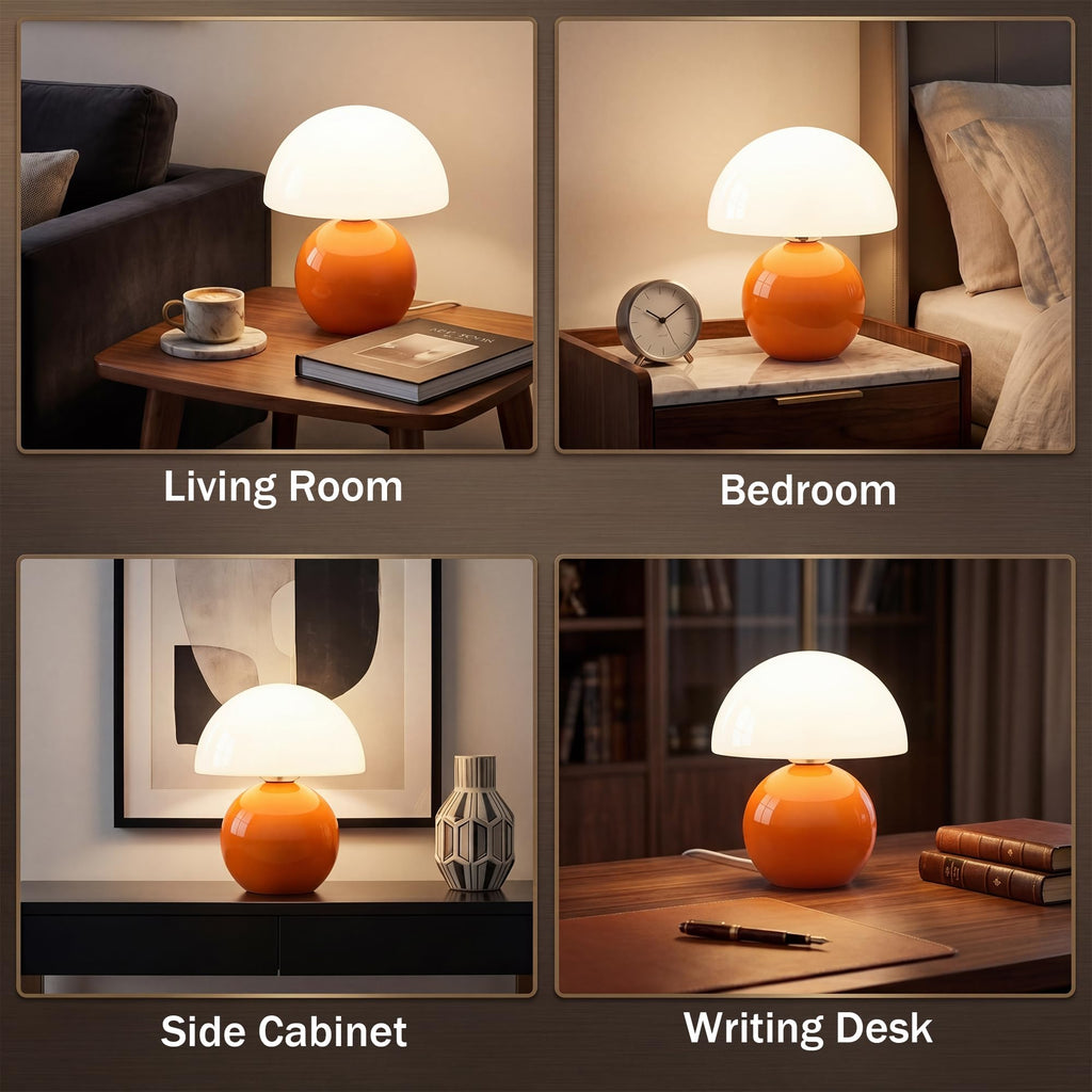 Pilz Nachttischlampe LED dimmbar – Keramik & Glas Tischlampe Orange