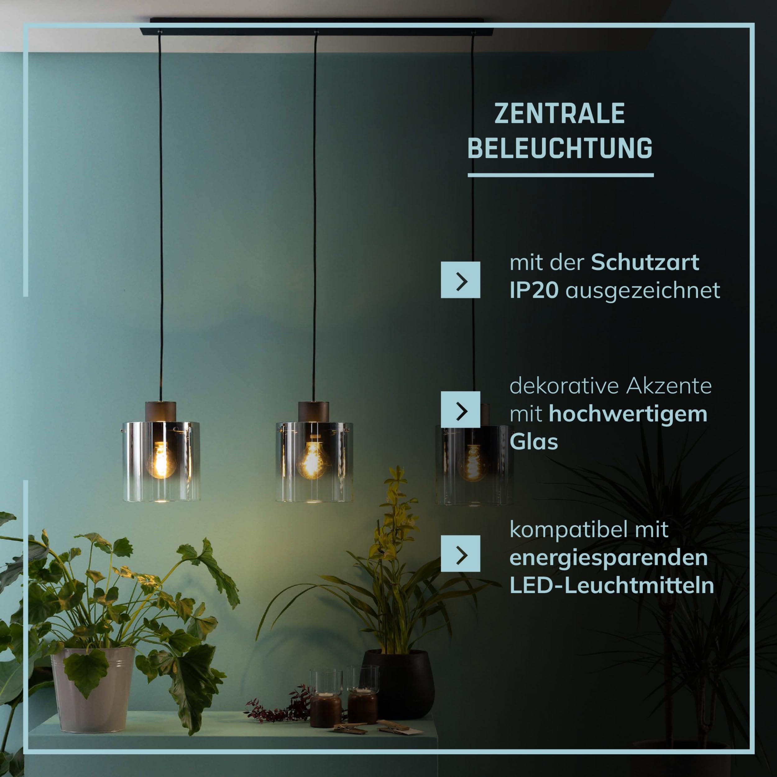 3-flammige Pendelleuchte mit Glas-Schirmen – Hängelampe E27 aus Metall & Rauchglas für Esstisch